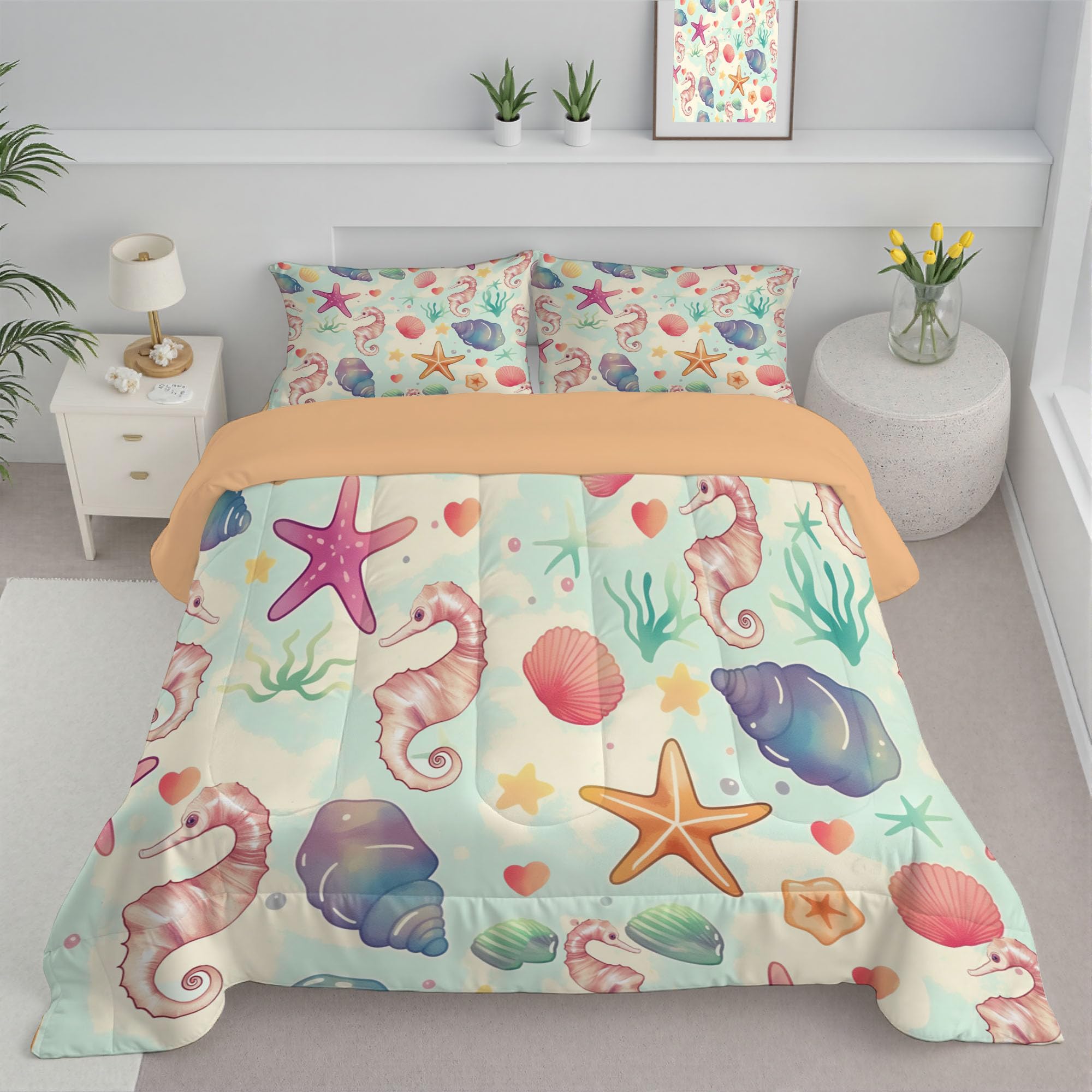 Couette 140x200 4 saisons motif coquillages ocean avec taie d'oreiller