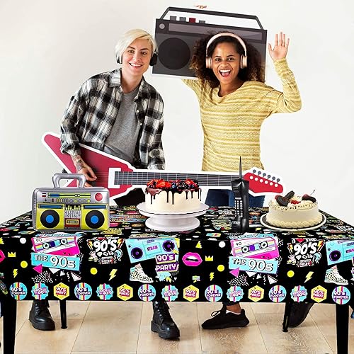 Miniatura 6 de Paquete de 3 manteles de fiesta de los años 90, cubierta de mesa de cumpleaños de fiesta de hip hop de los años 90 para decoración de fiestas
