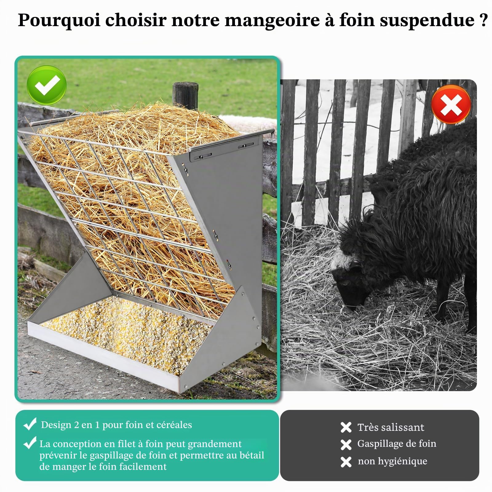 RâTelier à Foin pour Moutons, RâTelier Mural Galvanisé pour BéTail, RâTelier MéTallique pour ChèVres et Chevaux pour Foin et CéRéAles Avec Distance RéGlable pour Moutons, ChèVres, Chevaux