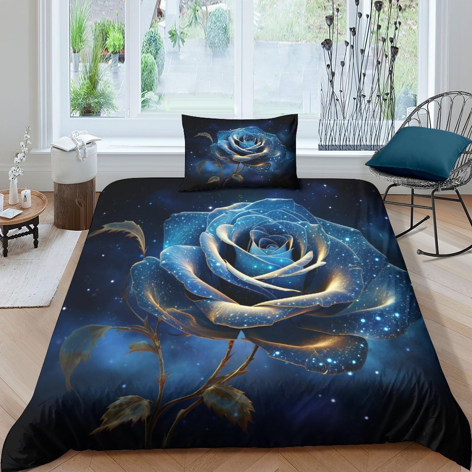 Crjus Style-14 Blue Rose 3D Printed Bedding Set With Pillowcase, Duvet Cover With Zipper Closure,Soft Microfiber Quilt Cover Single（135X200cm）