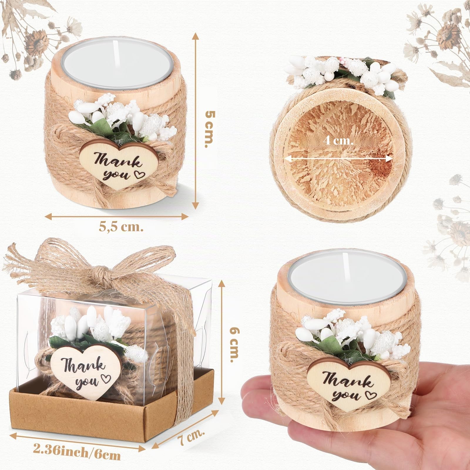 Retisee Hochzeitskerze, Gastgeschenke für Gäste, Brautparty, Holz, Gedenk-Teelichthalter, Dankeschön-Geschenke, handgefertigte Kerzen für Hochzeit, Babyparty, Einweihungstab, Tischdekoration (24 Sets)