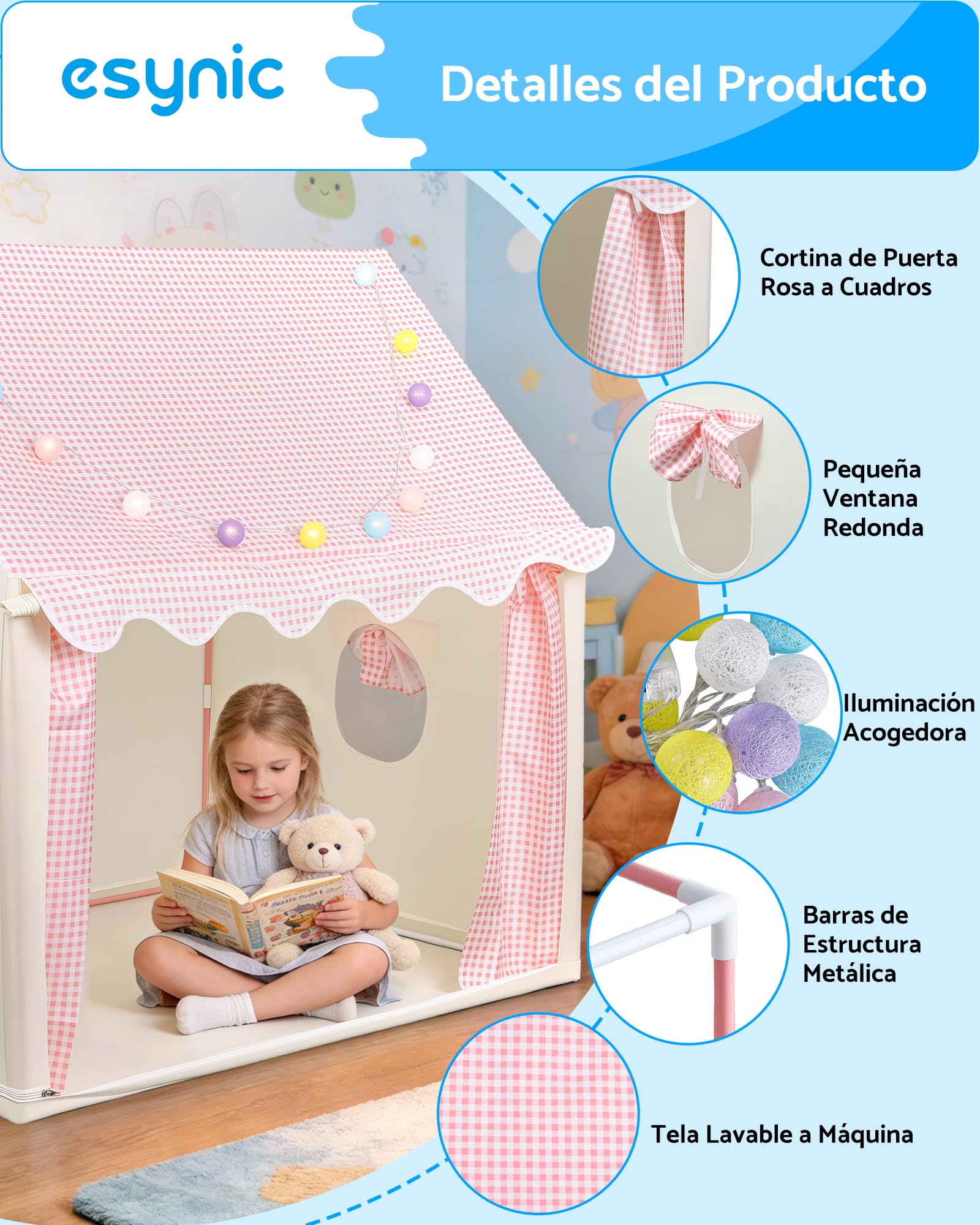 eSynic Tienda de Campaña para Niños Casa de Juegos Infantil con Luces LED Playhouse Montaje Fácil Estructura Metálica Casita Infantil Plegable Interior Exterior para Dormitorio Jardín — view 4