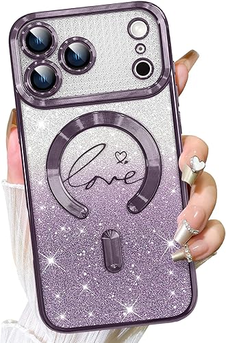 Vista 346 de Fiyart - Funda transparente magnética con purpurina para iPhone 12 para mujeres, con grabado "Love" metálico, protección para cámara y antigolpes