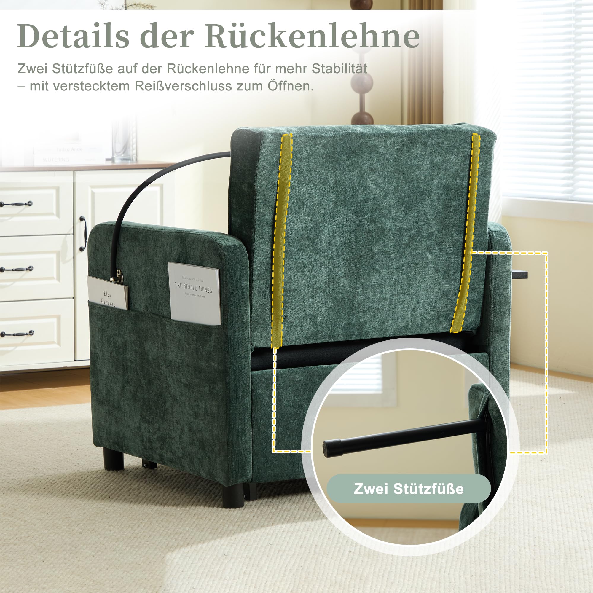 Generisch Poltrona letto 2 in 1 in ciniglia verde, divano letto singolo con cuscino, tasche laterali e vassoio, schienale regolabile in 5 posizioni, portata 150 kg, per soggiorno, camera da letto