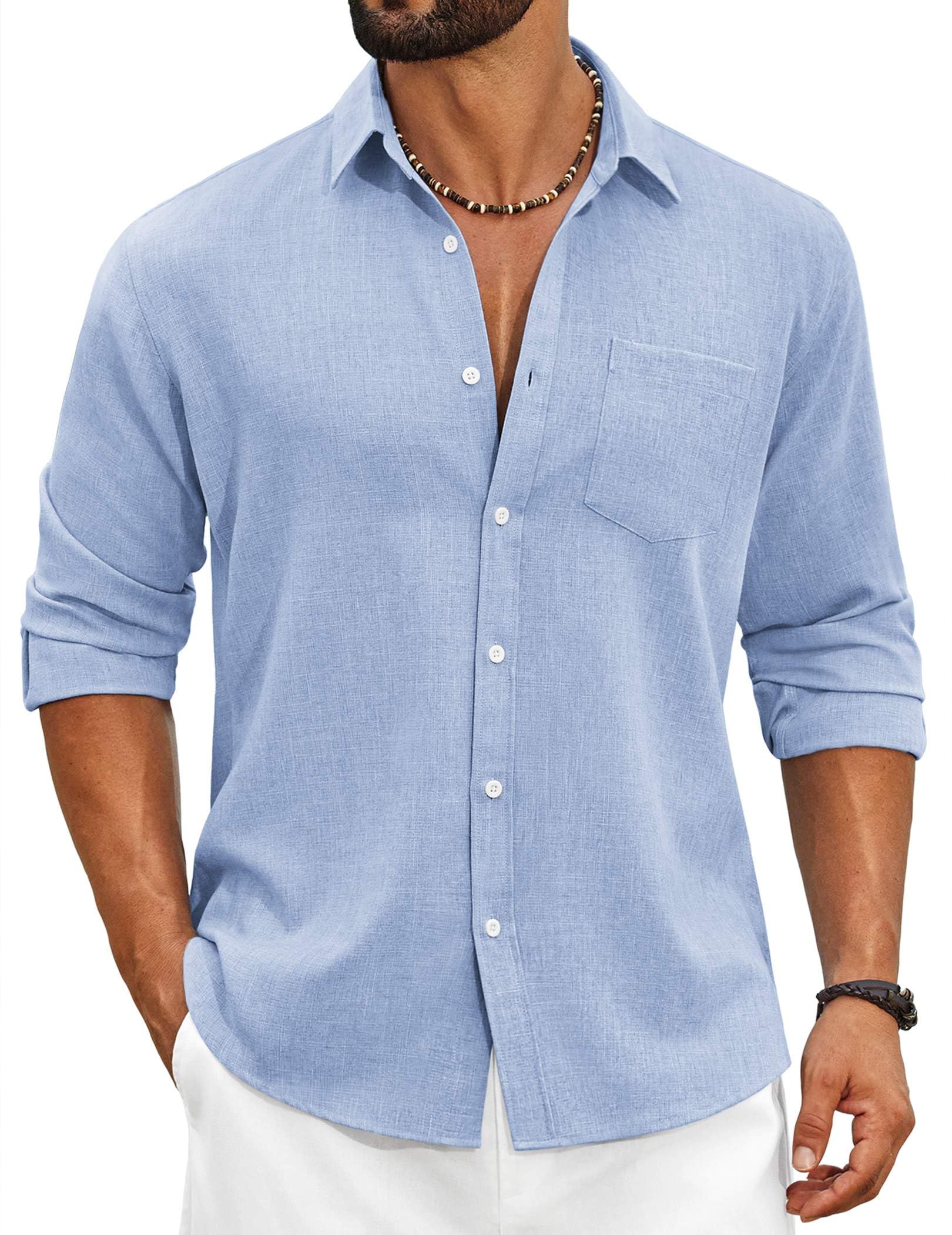 Men's Casual Button Down Shirt Long Sleeve Linen Chambray Shirt