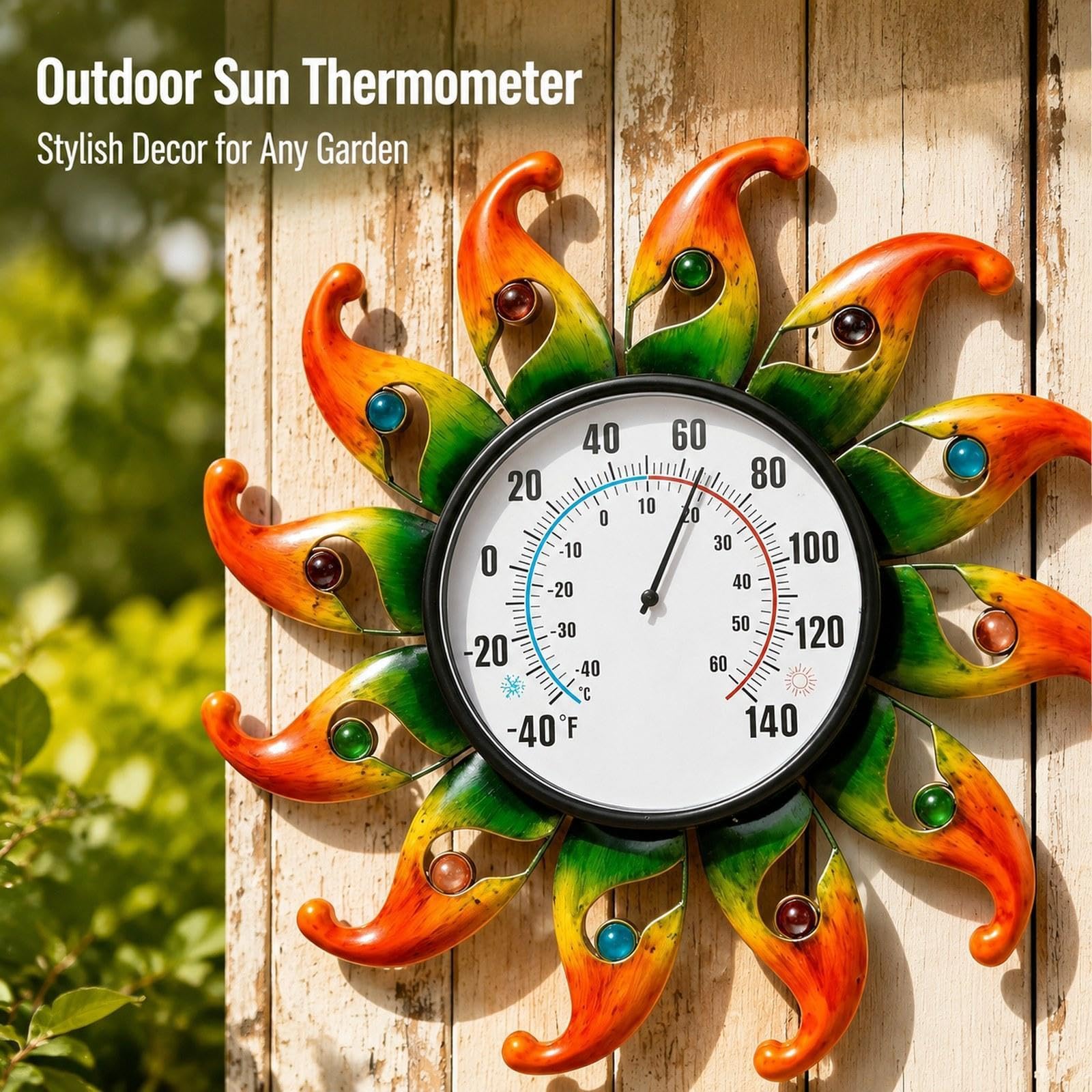 Sharplace Termometro da esterno Sun, decorativo per giardino, regalo di compleanno, termometro da parete in metallo a forma di girasole per cortile e giardino, Orangina
