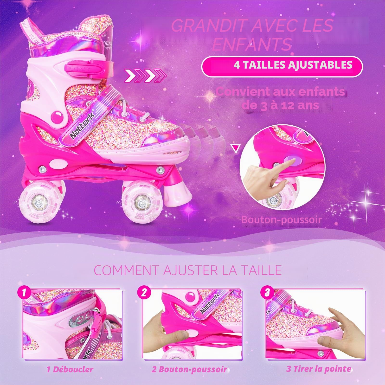 Nattork Patins à roulettes réglables pour enfants, 4 tailles réglables, pour filles, garçons, débutants, intérieur et extérieur