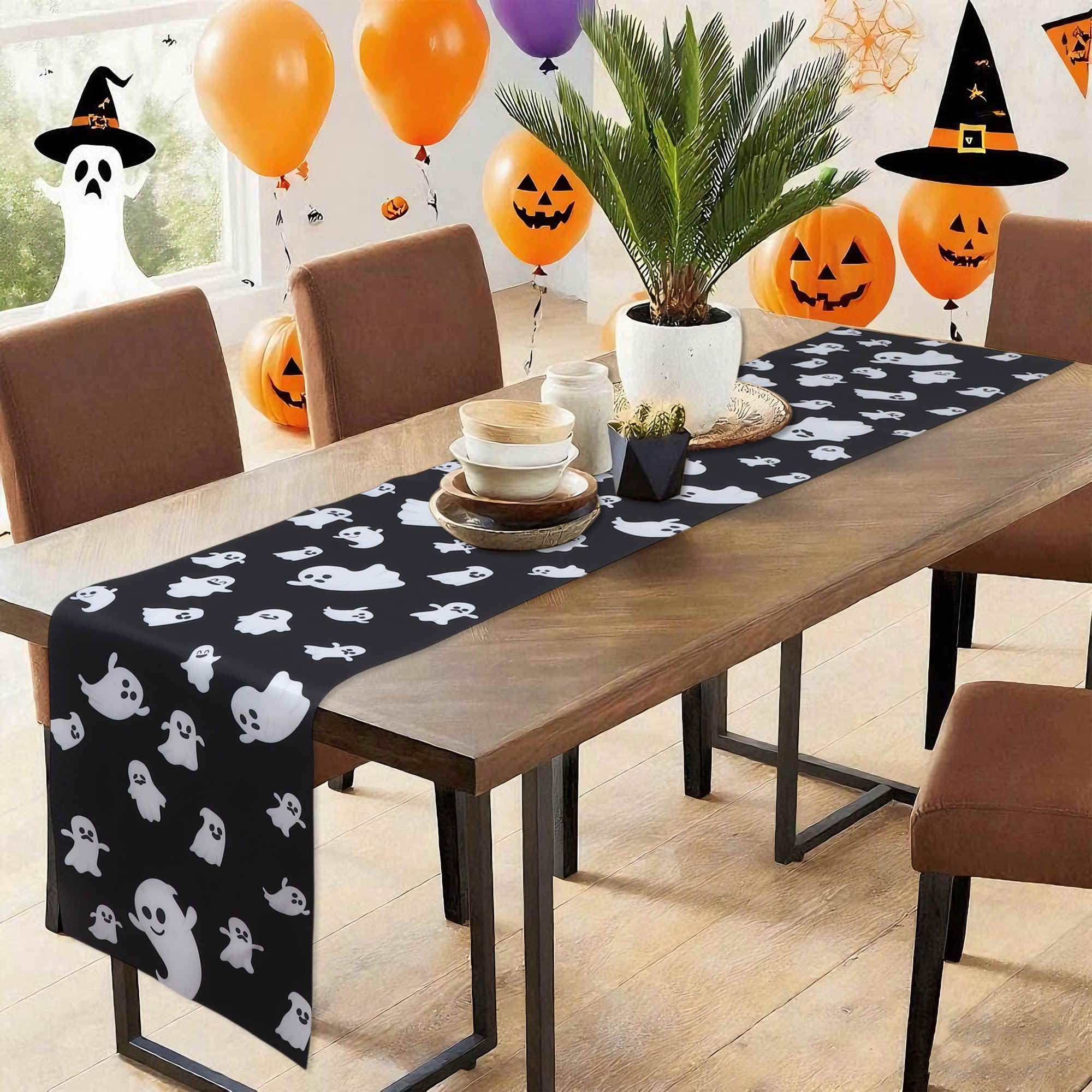 Gyrodymix Table Runners Halloween Ghost Table Runner for Home Kitchen Dining Table Party Decorations Black White