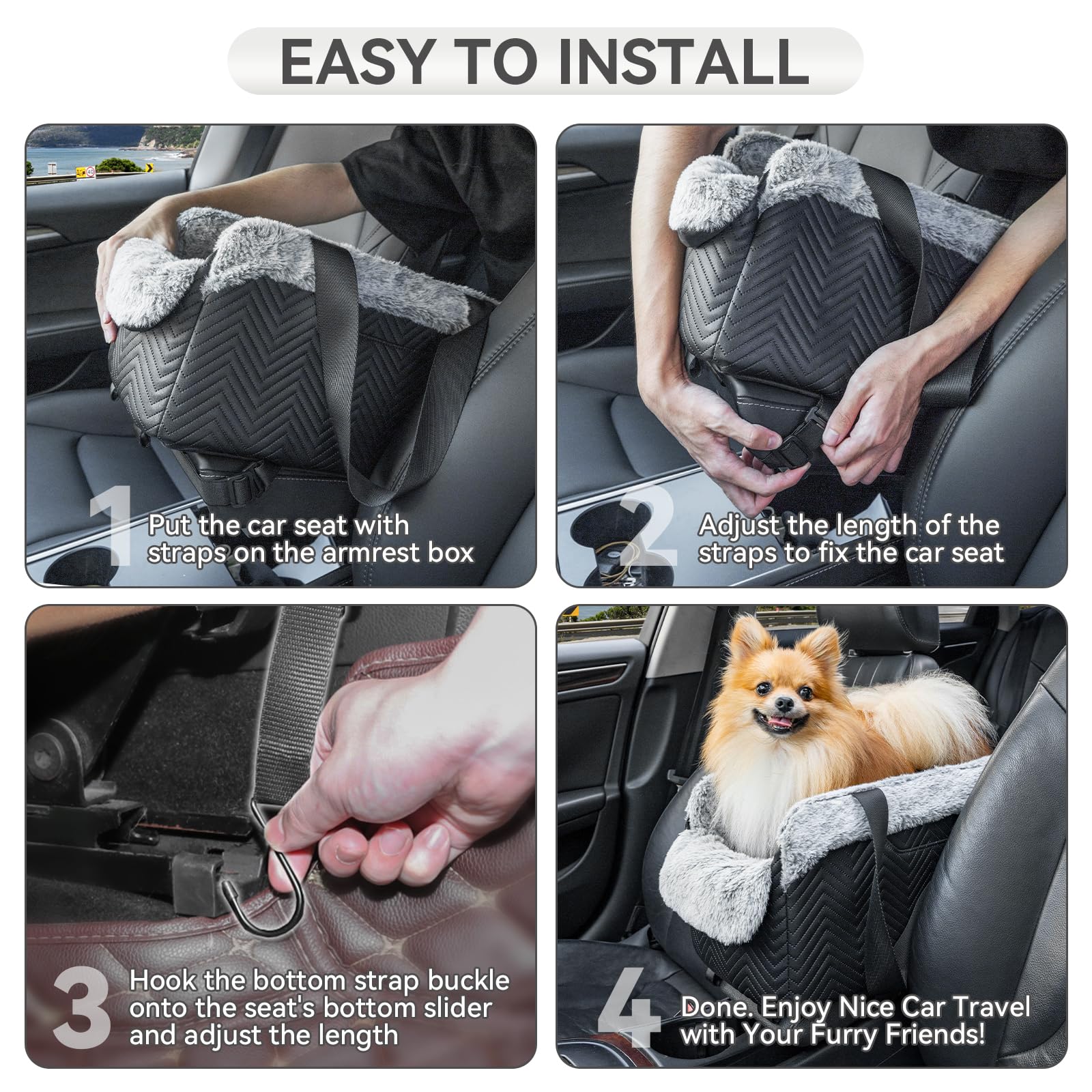 PETSFIT Hundesitz Mittelkonsole Auto, tragbarer Autositz Hund Mittelkonsole mit sicheren Schutzhaken, luxuriöser Hunde Autositz mit verbesserten Sicherheitsgurten für Kleine Hunde bis zu 5KG,Schwarz