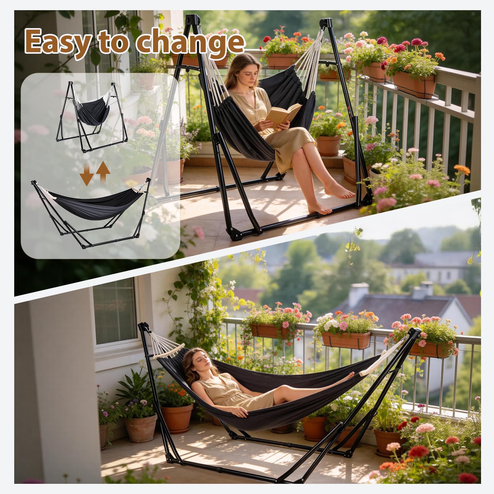 Hamaca y Sillón Colgante con Soporte Plegable, Set de Soporte de Hamaca Portátil de Doble Uso para Interior y Exterior Jardín Terraza Patio Camping Cubierta