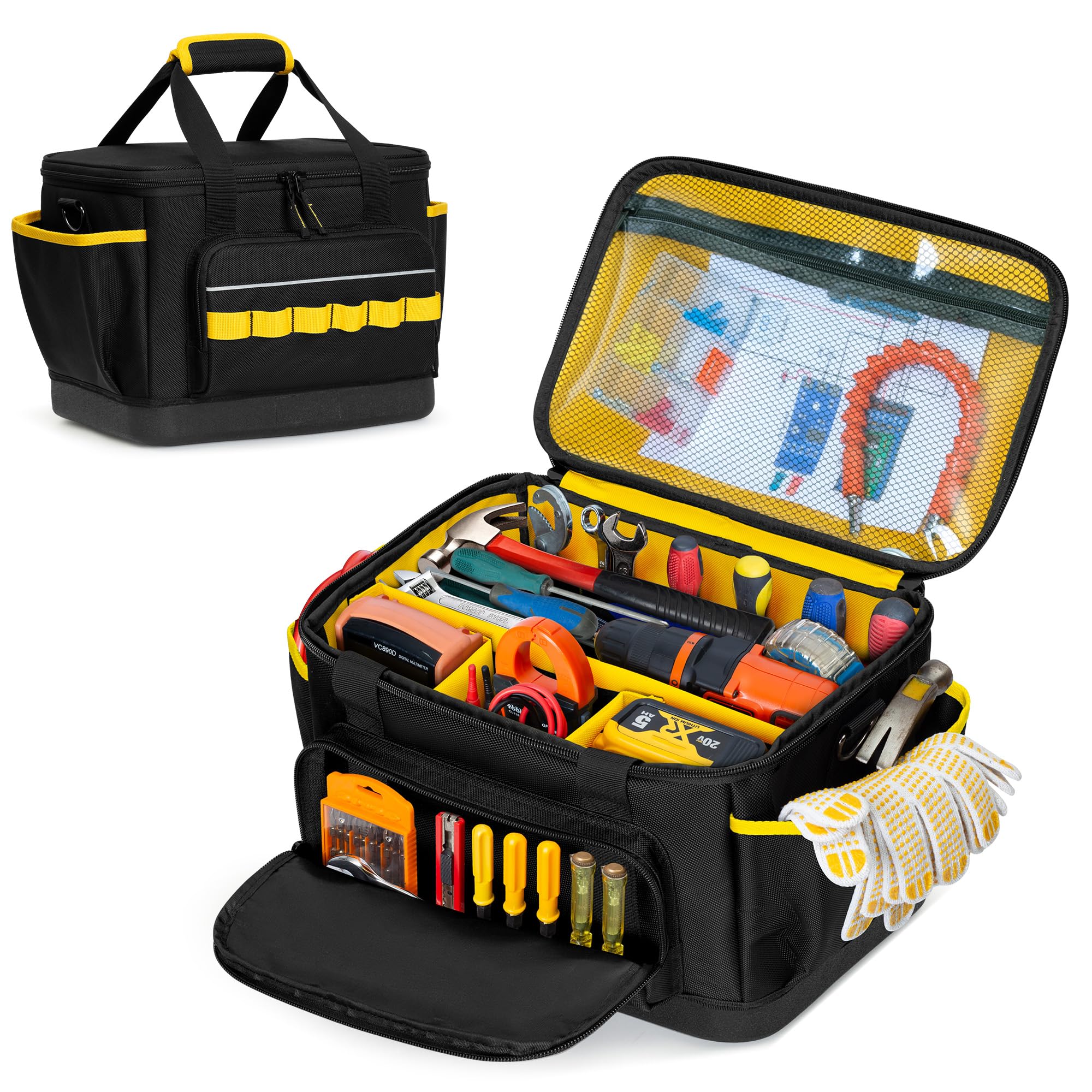 Rexmica 32cm Sac à Outils pour Hommes, avec Base Rigide en EVA/Bandoulière | Organiseur d'Outils Multifonction pour Électriciens, Plombiers, Mécaniciens et Usage Automobile, Noir/Jaune