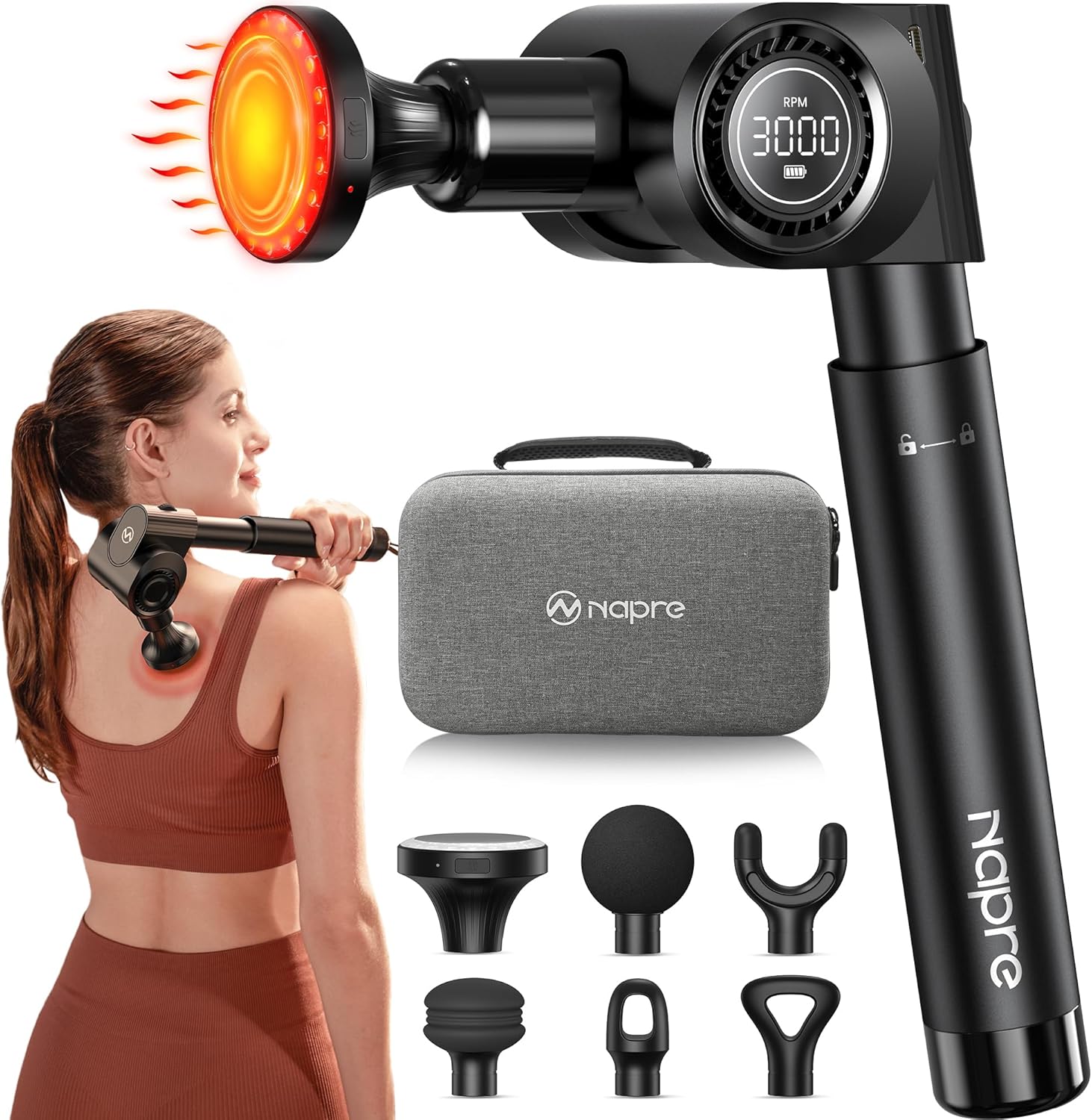 Massage Gun with Heat and Red Light Therapy,Deep Tissue Percussion Back Massager for Muscle/Neck/Body Pain Relief with Long Extension Retractable Handle,32-Speeds,Foldable,5 Adjustable Massage Gun with Heat and Red Light Therapy,Deep Tissue Percussion Back Massager for Muscle/Neck/Body Pain Relief with Long Extension Retractable Handle,32-Speeds,Foldable,5 Adjustable