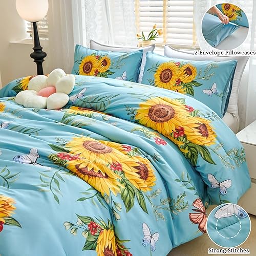 Miniatura 3 de Juego de edredón de girasol azul con mariposa, juego de ropa de cama floral amarillo de 3 piezas, juego de ropa de cama tamaño Queen de granja,