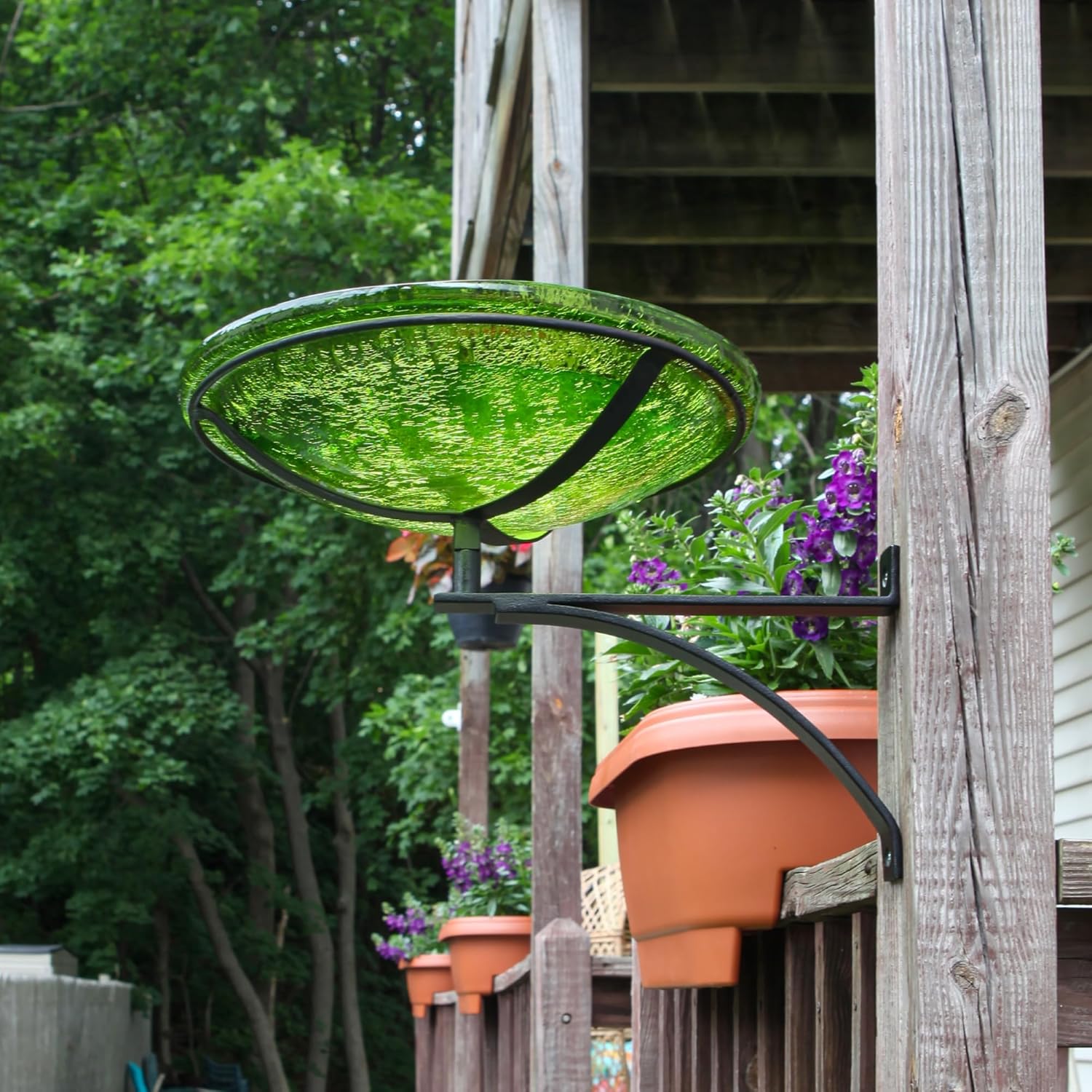 14" Fern Green Crackle Birdbath- Wall Mount Bracket