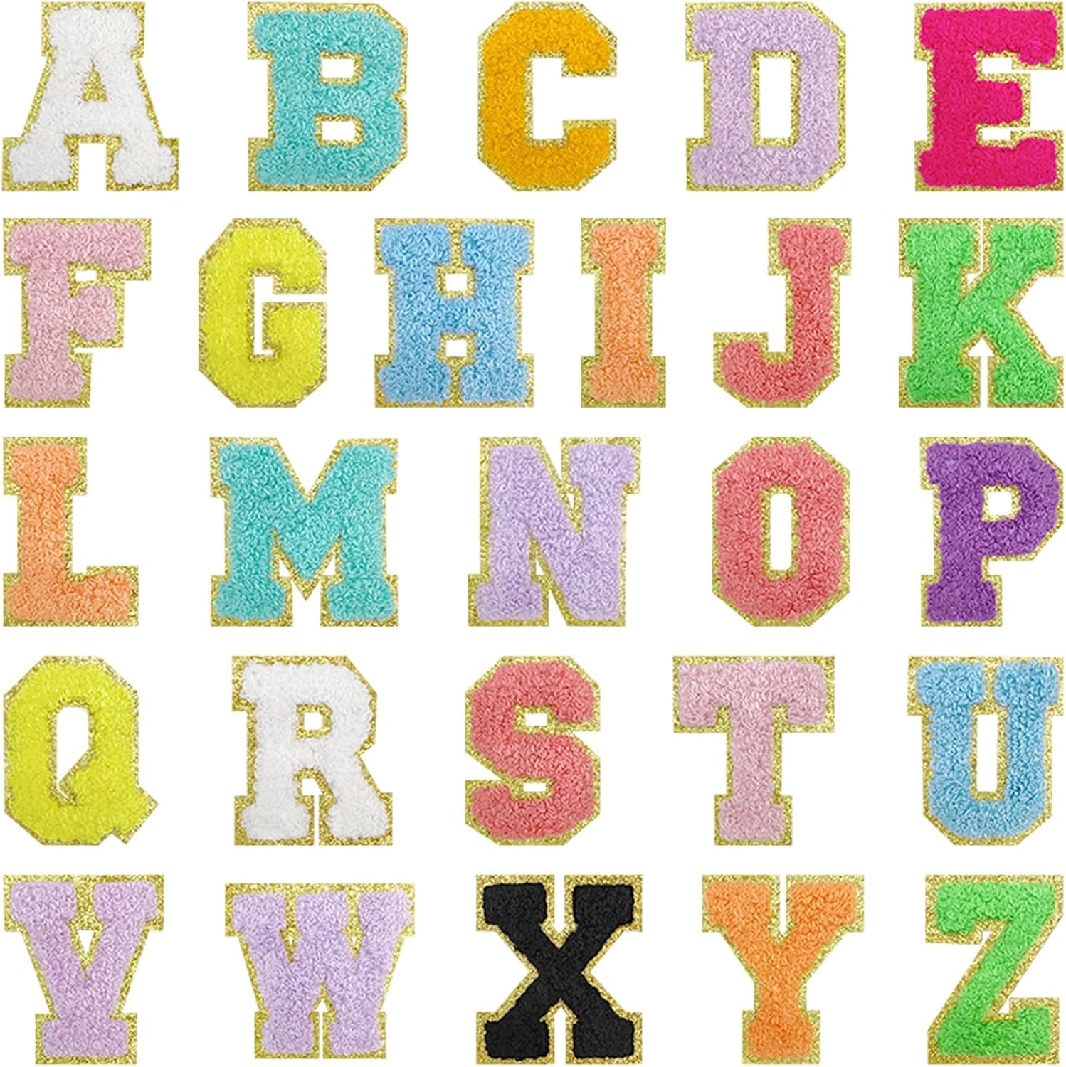 Daily Crafts Multicolor Gold Chenille Embroidery Patch Letter Alphabet A to Z Varsity Iron on Sew on Decorative Repair Applique Patches with Gold Border for Clothing Bags DIY Art & Craft