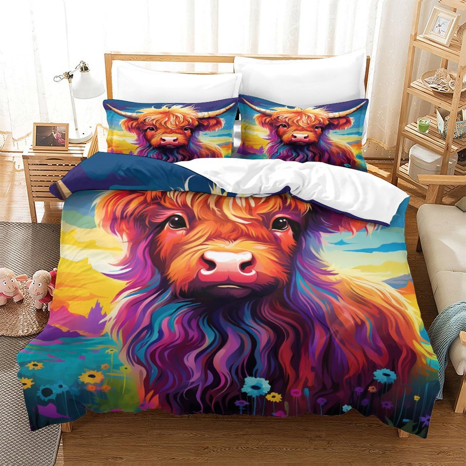 OPANZYYDE Highland Cow Duvet Cover Set 3 PCS Hotel Quality Quilt Cover Bedding Bed Covers with Pillowcases with Zipper Closure Ultra Soft Hypoallergenic Microfiber Super King（260x220cm）