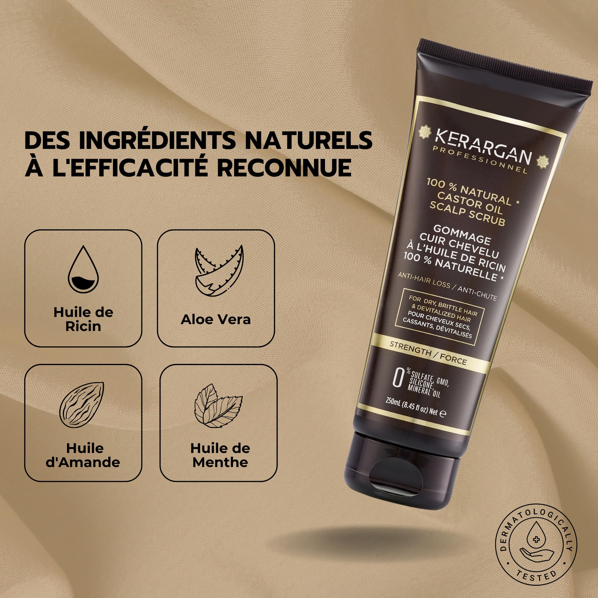 Kerargan - Gommage Capillaire Anti-Chute à l'Huile de Ricin - Pour un Cuir Chevelu Sain et des Cheveux Revitalisés - Enrichi en Huile d'Amande Douce et Aloe Vera - Sans sulfate, OGM, silicone - 250ml