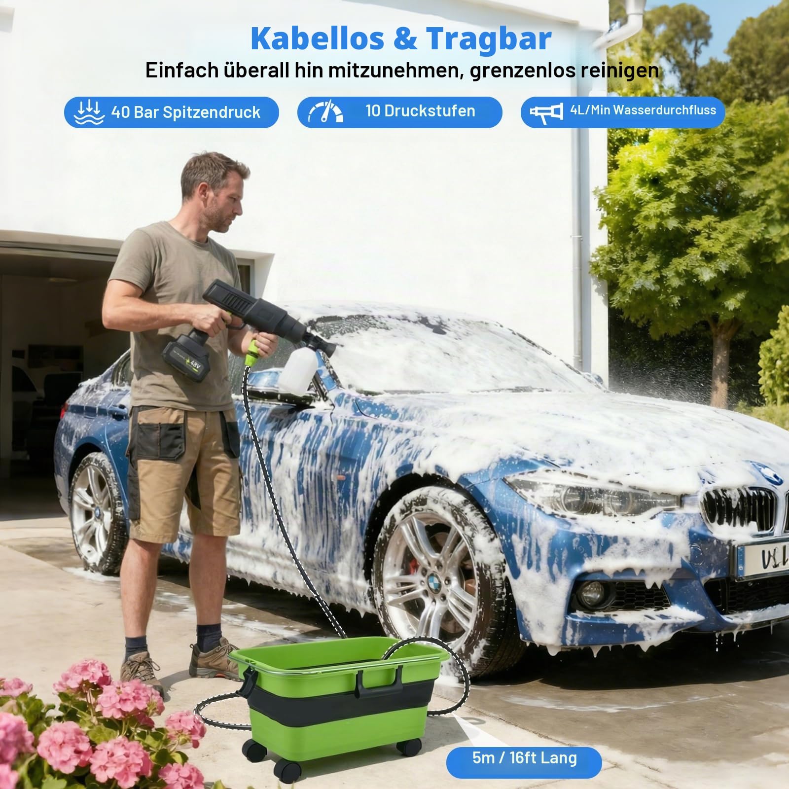 Akku Hochdruckreiniger,Mobiler Hochdruckreiniger mit 4.0Ah Batterie, Pressure Washer 10-Gang-Modus,Akku-Druckreiniger für Mobile Reinigung,für Auto, Terrasse, Hausreinigung