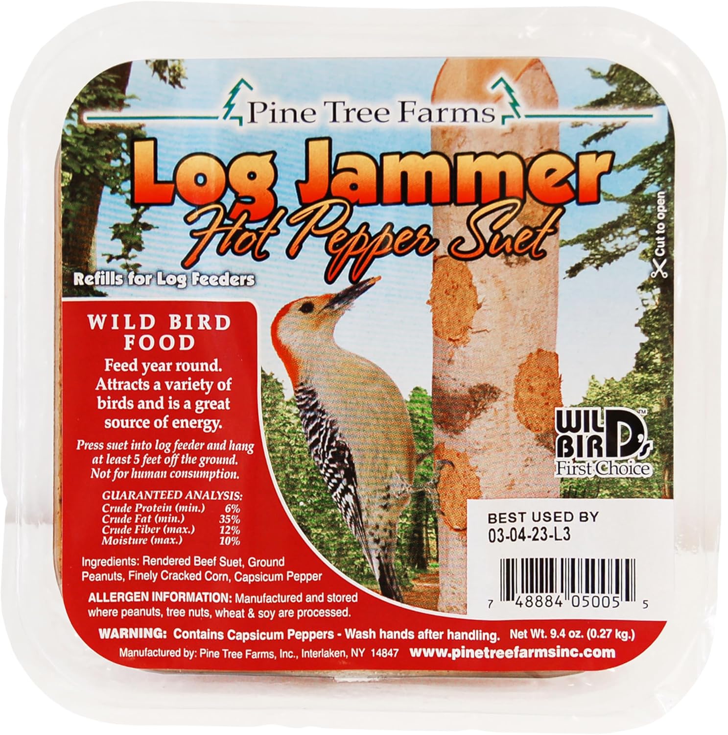 12 Packs of Pine Tree Farms Log Jammer Hot Pepper Suet- 3 Plugs Per Pack