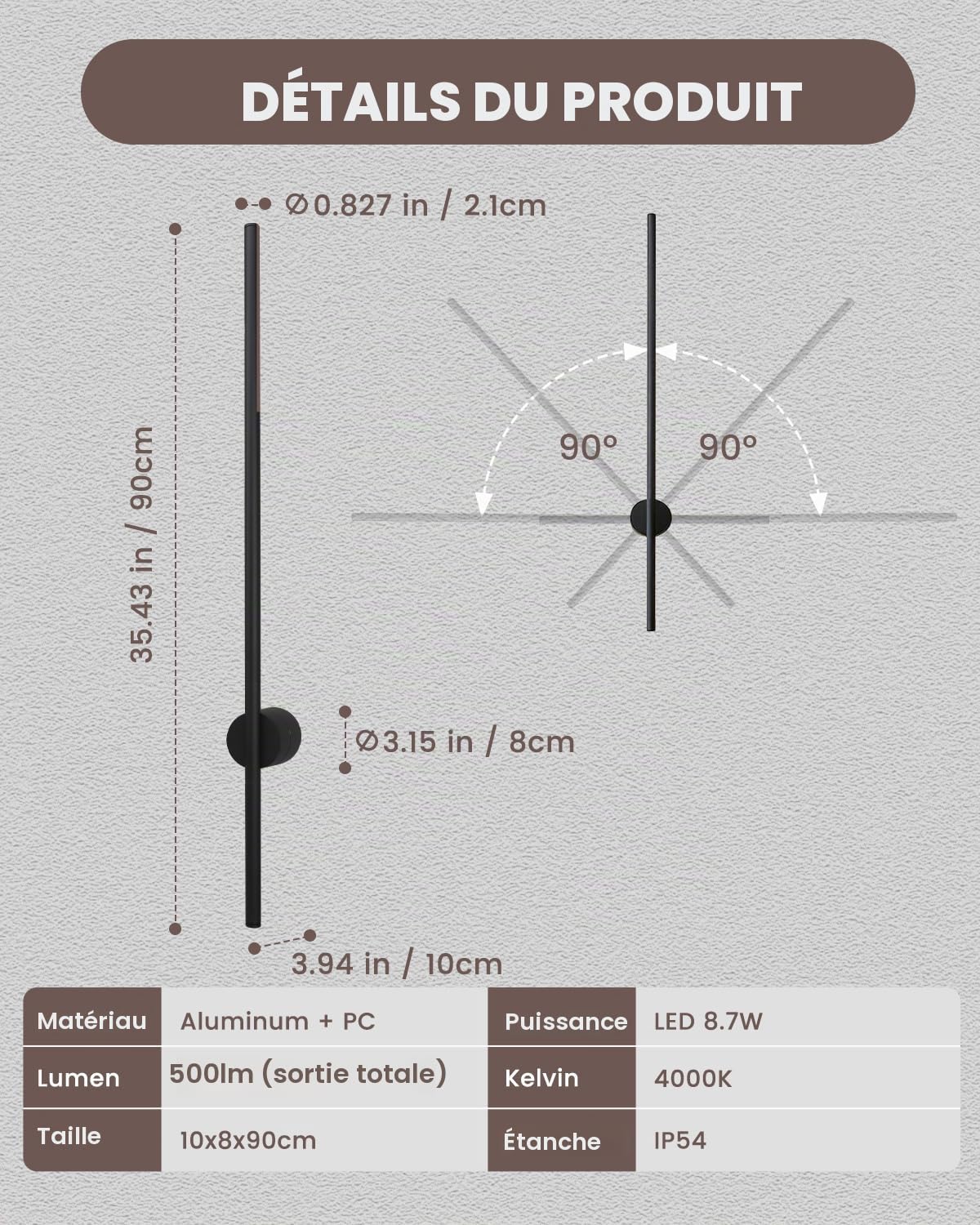 Applique Murale Exterieur/Intérieure LED Intégrée, Lampe Exterieur Moderne Rotative 90CM/8.7W IP54 Luminaire Mural Aluminium Pour Salon Chambre Couloir, Neutre 4000K 1500LM, Noir Mat