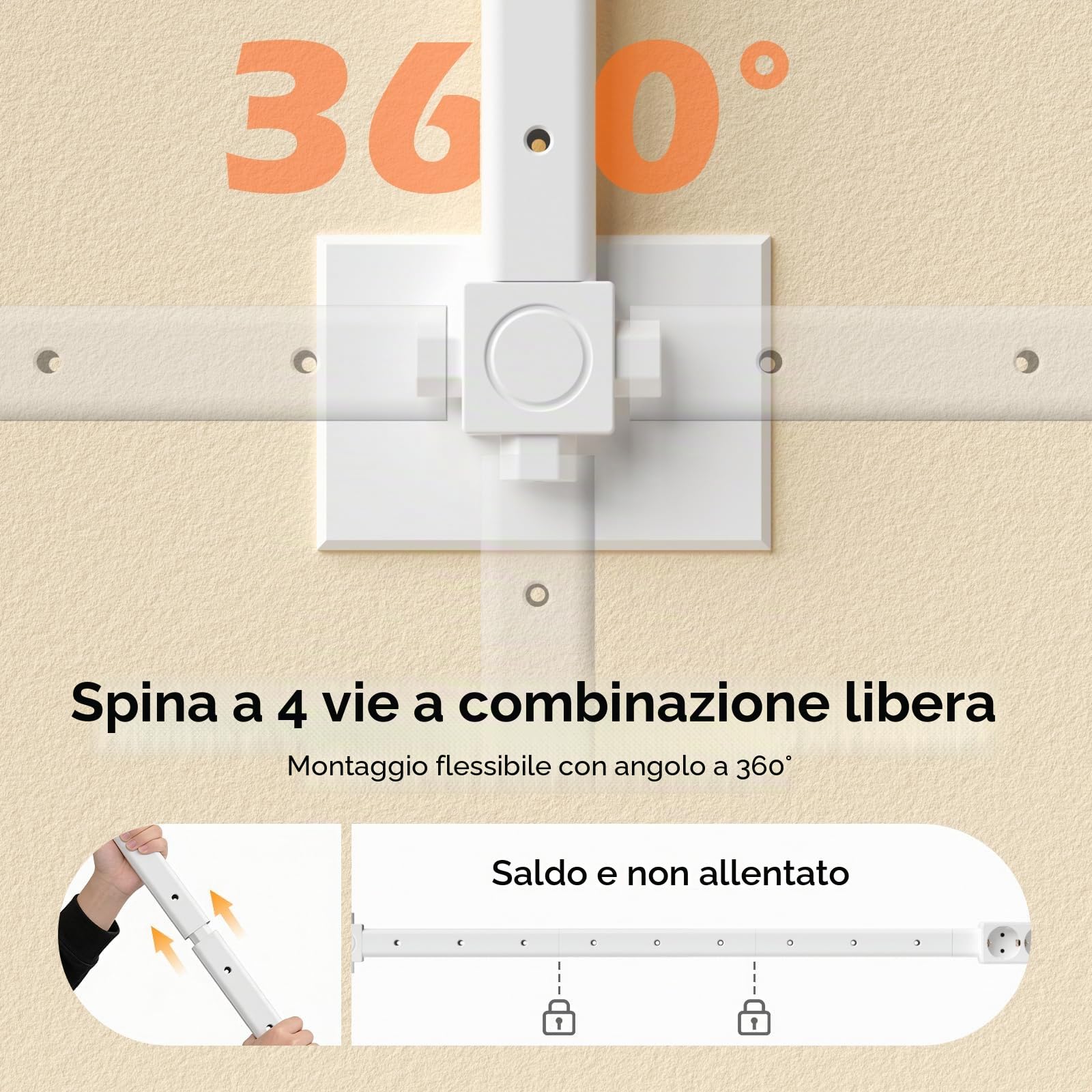 Multipresa Ciabatta Elettrica Estensibile con 3 asticelle estensibili, [Regolabile 9,92-37,32 pollici], 3 Presine AC, 2 USB-A, 1 USB-C, 360° montabile, ideale dietro divano e comodino