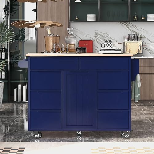 Miniatura 85 de LUMISOL Carrito de isla de cocina con ruedas de bloqueo con 2 cajones y 4 gabinetes, isla de cocina rodante con estantes ajustables, mesa de madera