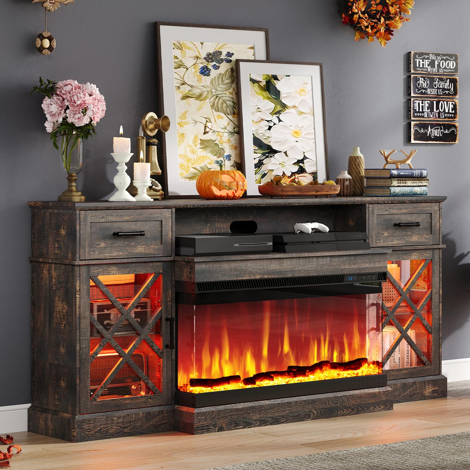 AMERLIFE Farmhouse LED Fireplace TV Stand with 3-Sided Glass Fireplace, 70