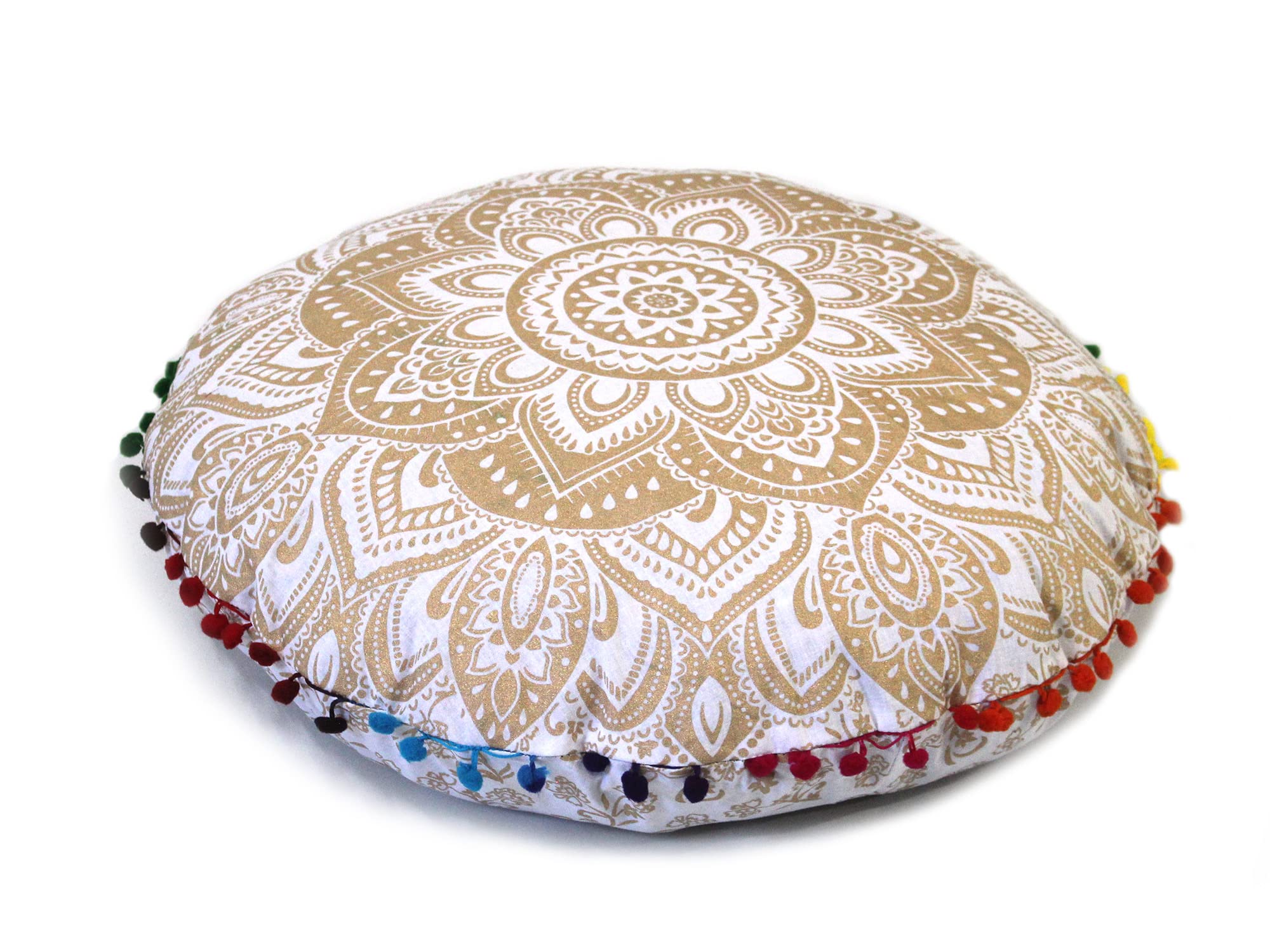 CRAFT KALACRAFT KALA 32 Inch Boho Large Round Bohemian Floor Pillow Pouf Cover Oversized Mandala Meditation Room Pillows Adults Big Seating Poufs Cushion for Kids Teepee Reading Playroom (White Gold Flower)
