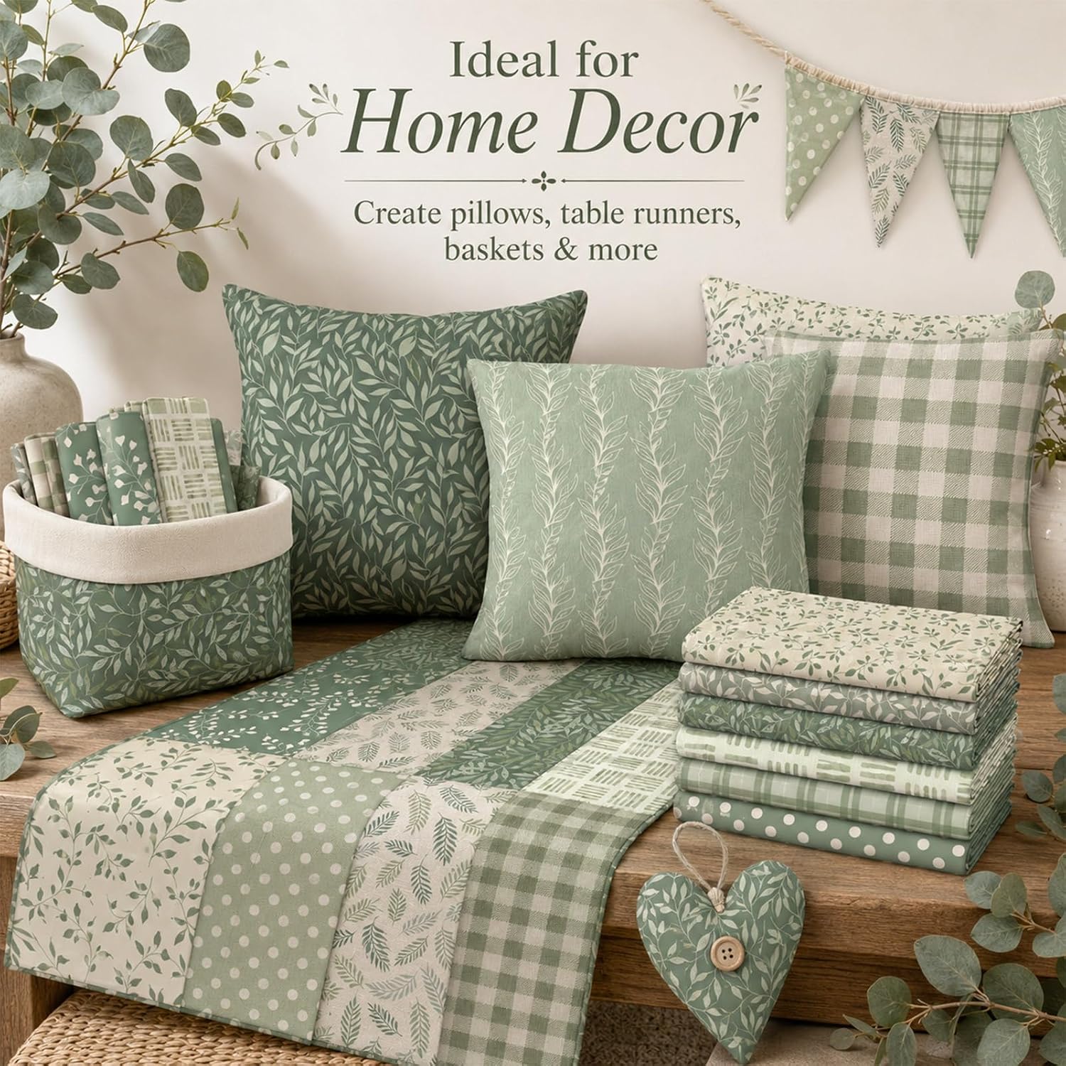 12 Pcs 100% Cotton Fat Quilting Fabric Bundles, 20"x20" Sage Green Printed Precut Fabrics, Vintage Greenery Cotton Fabric for Quilting, Sewing Projects, Patchwork, DIY Crafts & Home Decoration