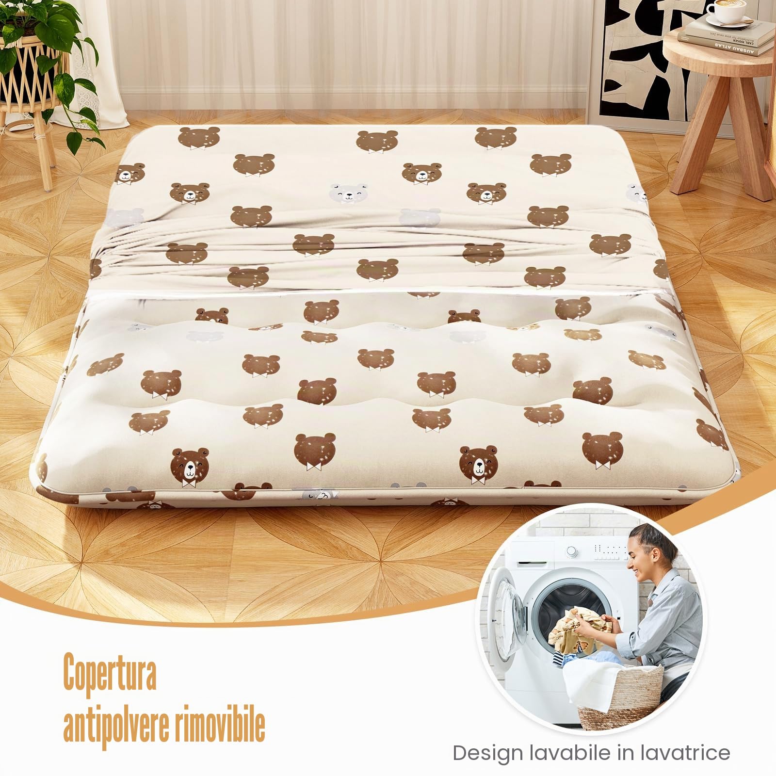 LIFEZEAL Futon Giapponese da Pavimento, Singolo 90x200cm, Materasso Futon da Terra, Tatami Cotone, Arrotolabile, Portatile, Pieghevole, con Fodera Lavabile, Borsa per Campeggio, Motivo a Orsetti