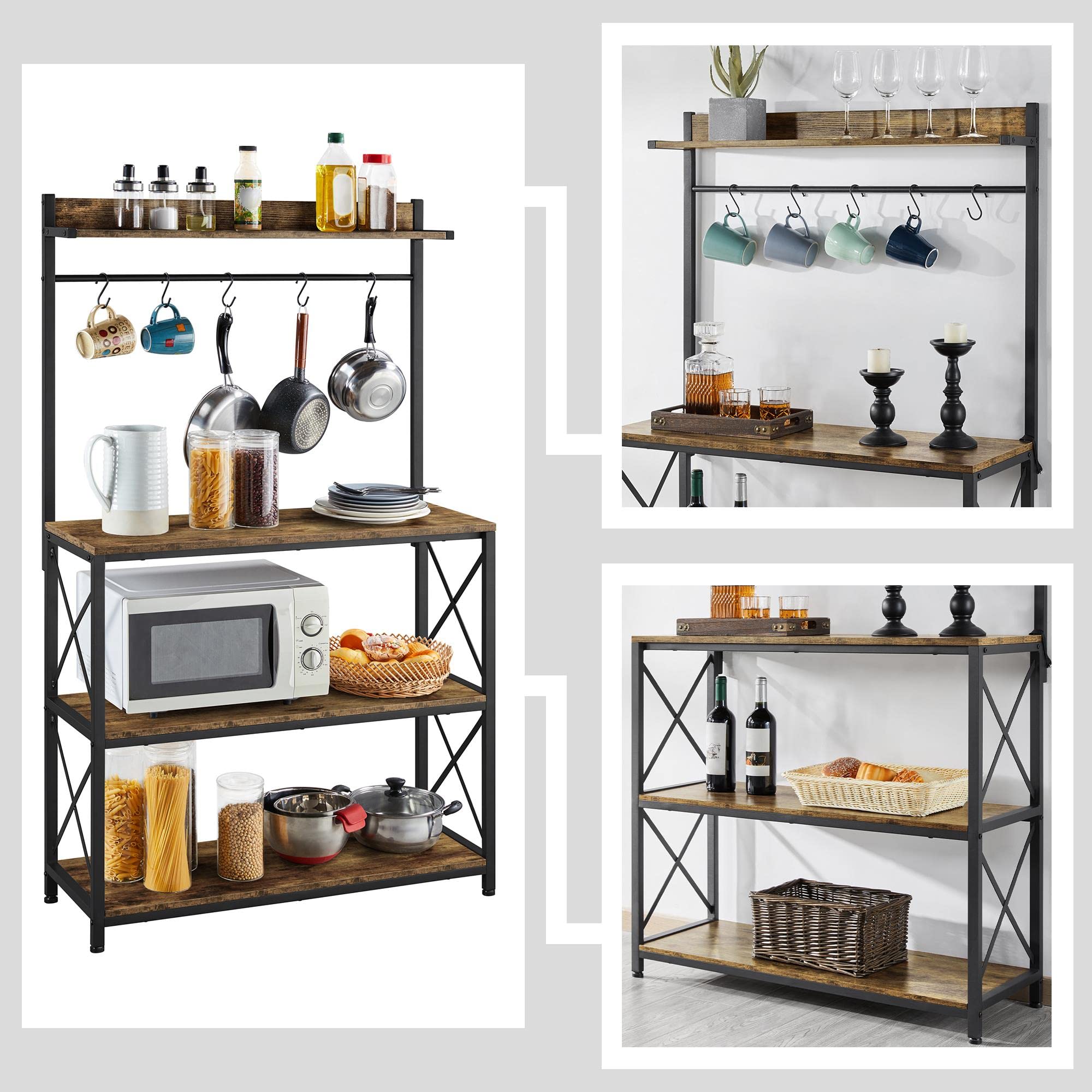 Yaheetech Étagère de Cuisine avec 4 Étagères et 5 Crochets Étagère pour Micro-Ondes Meuble Auxiliaire de Cuisine Étagère de Boulangerie Industrielle 92 x 34 x 160 cm
