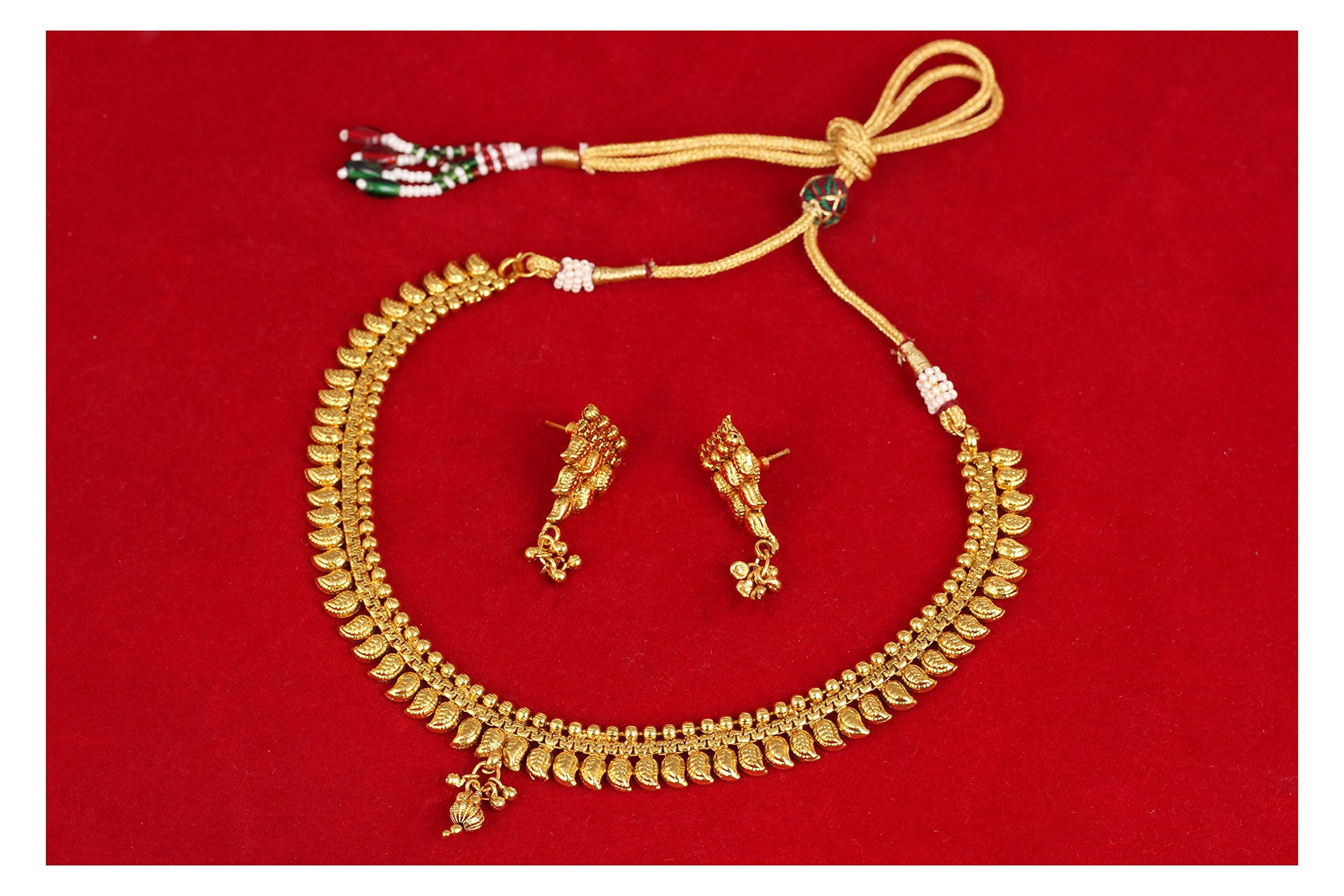 JFL - Jewellery for Less raditional One Gram Gold Plated Maharashtrian Style Mango Design Necklace Set for Women & Girls | Ethnic Choker Necklace with Matching Earrings | Temple Design Bridal Jewellery Set for Wedding, Festival & Party 2