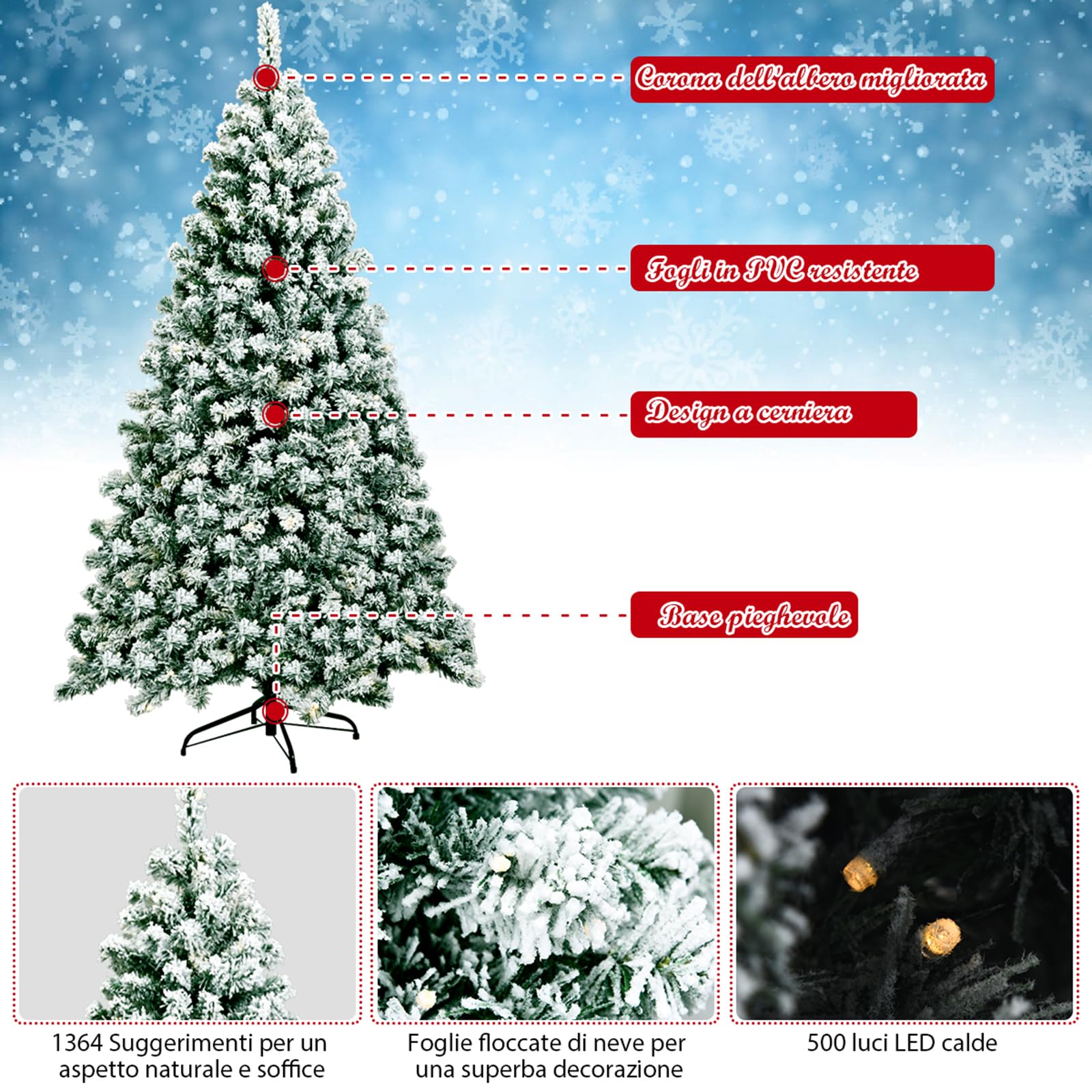 COSTWAY Albero di Natale Innevato 135/180/230 cm, Albero di Natale con 200/250/550 Luci LED Bianche Calde, 400/928/1346 Rami, Base in Metallo, Decorazione Natalizia per Casa e Negozio (230 cm)
