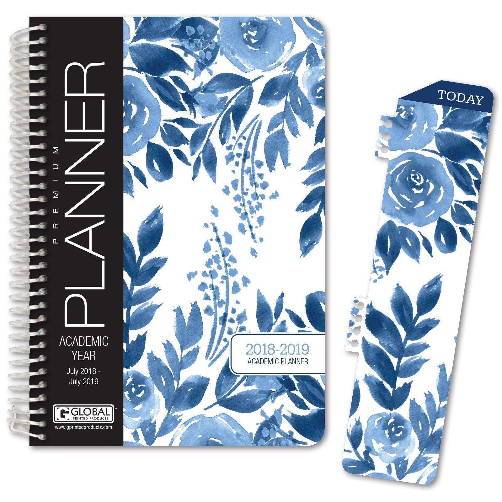 HARDCOVER Academic Year Planner 2018-2019 - 5.5"x8" Daily Planner/Weekly Planner/Monthly Planner/Yearly Agenda. Bonus Bookmark (Blue Bloom)