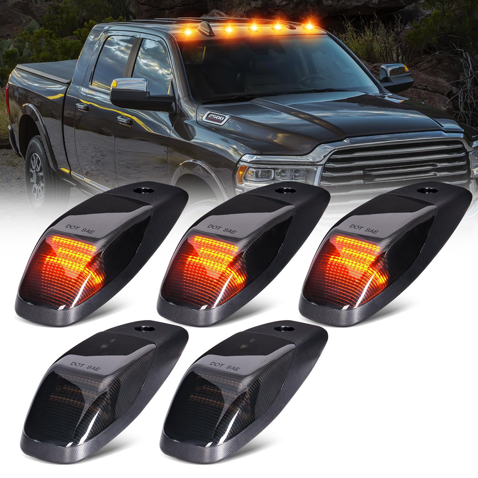 SHINEFIT 5PCS LED Cab Clearance Lights Replacement for Ram 2500 3500 4500 5500 2019-2024, Smoked Top Cab Roof Lights for Ram Trucks