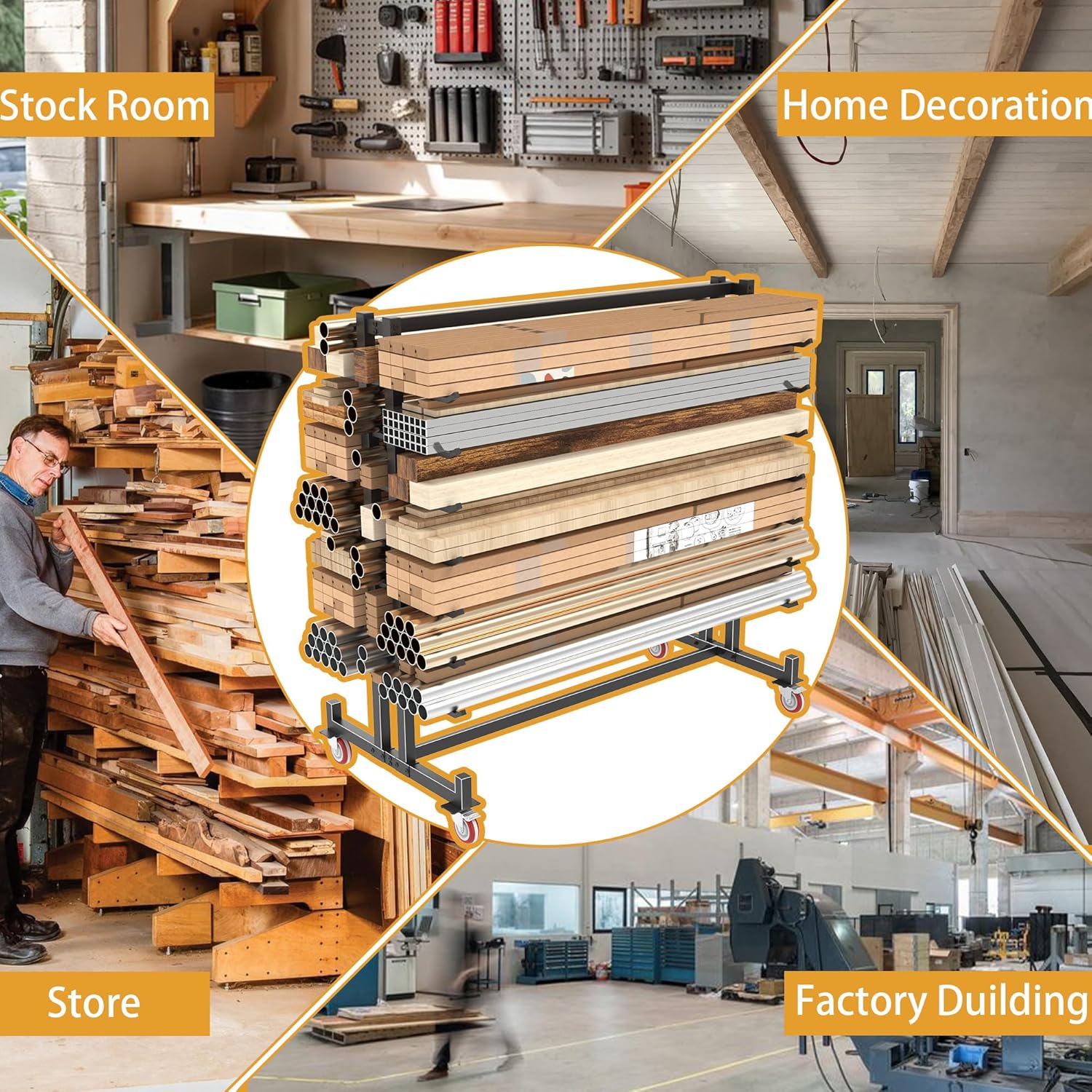 Lumber Storage Rack, 2000lbs Heavy Duty Freestanding Pipe Rack with 7 Tiers, Double-Sided Wood Storage Shelves with 4 Silent Casters, for Garage Workshop Basement, 59.84"L x 35.43"W x 65.74"H, Black