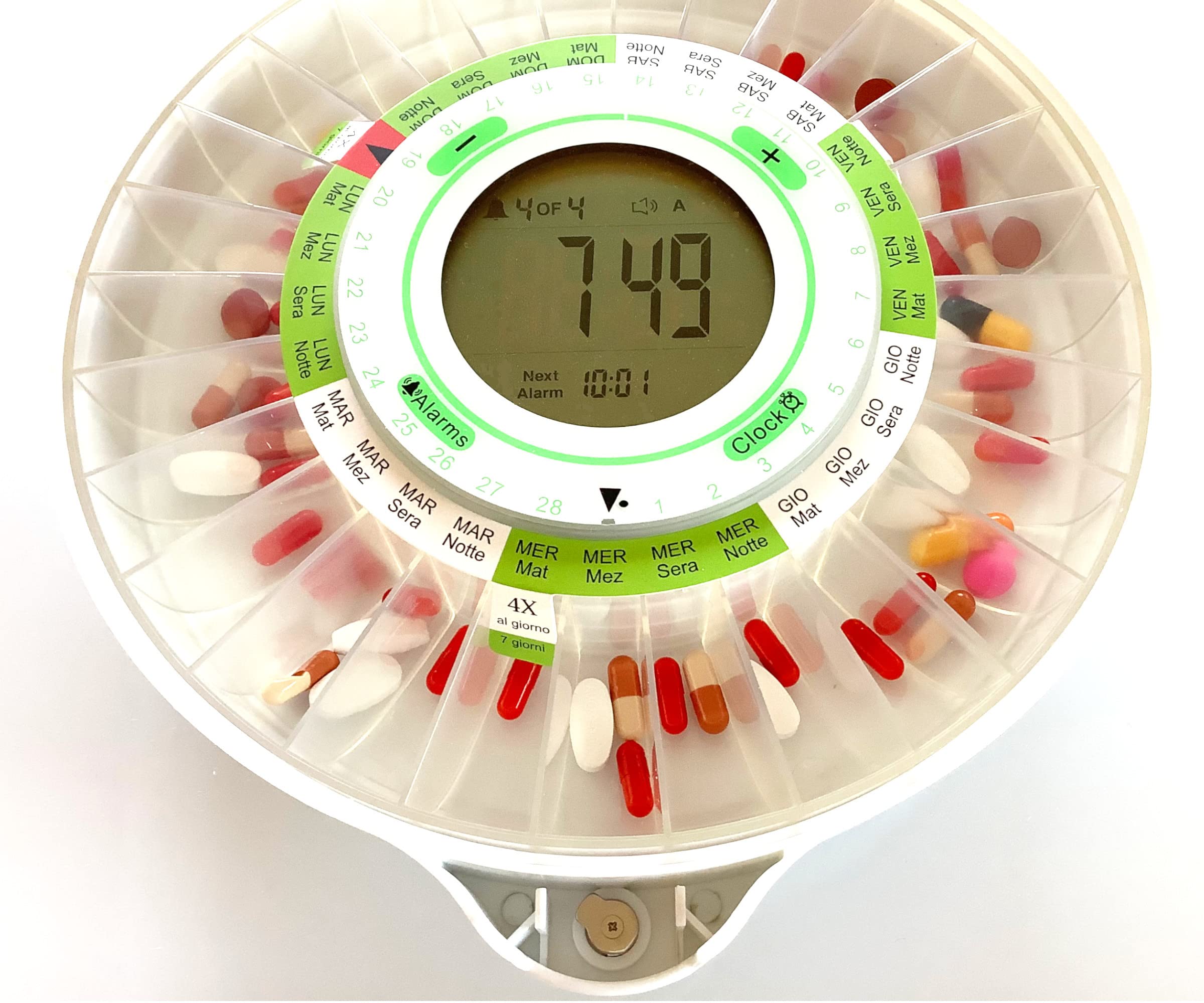 Pastillero automático semanal electrónico con alarma, dispensador de pastillas, tapa mate, modelos de dosificación en italiano, modelo 2021, pantalla ancha, 9 alarmas, 2 cerraduras