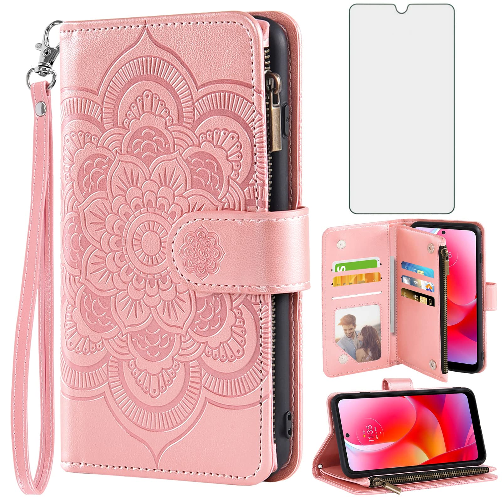 Asuwish Phone Case for Motorola Moto G Power 2022/MotoG Play 2023/G Pure 2021 Wallet Cover with Tempered Glass Screen Protector and Flip Card Holder Cell XT2165DL XT2163DL XT2165-5 XT2271-5 Rose Gold