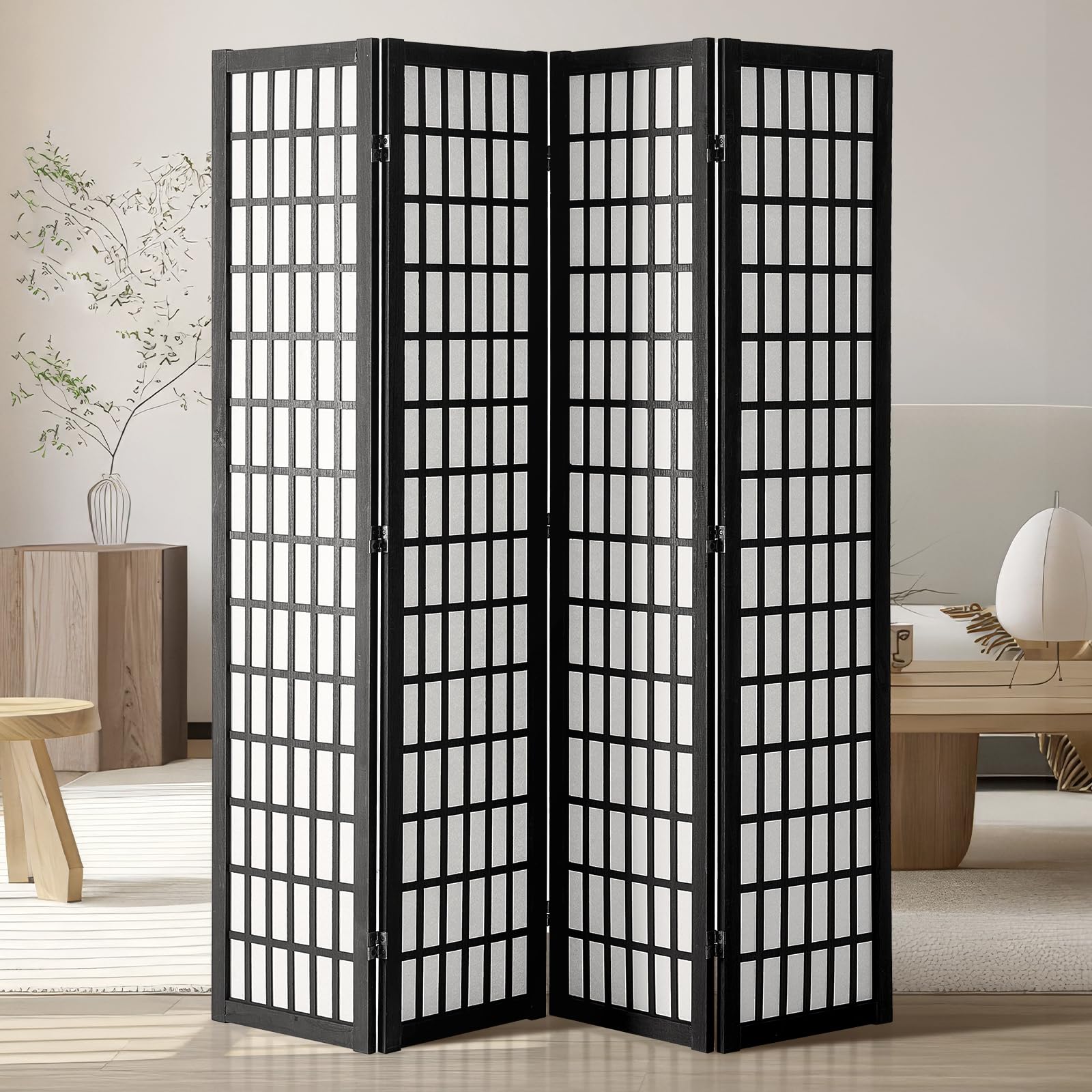 vevor4 panel japanese room divider, wood folding privacy screen indoor, partition dividers portable decoration screens, for room separation home office restaurant & bedroom(black)