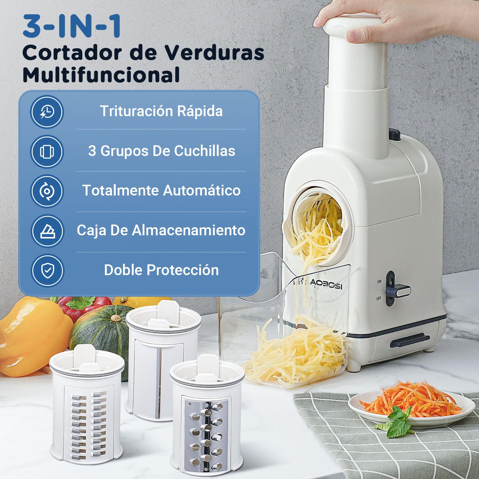 Rallador electrico, Aobosi Cortador Verduras Electrico con Gran Tolva para Zanahorias Enteras,Patatas, 3 Cuchillas y Motor Silencioso, caja de almacenamiento-Actualizar