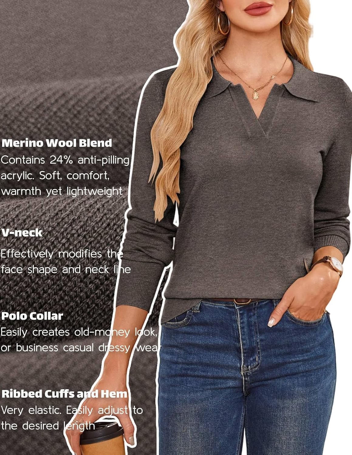 Kate Kasin 2026 Women's Wool Blend Sweaters, Long Sleeve Polo Shirts, V Neck Knitted Fall Tops - Image 8