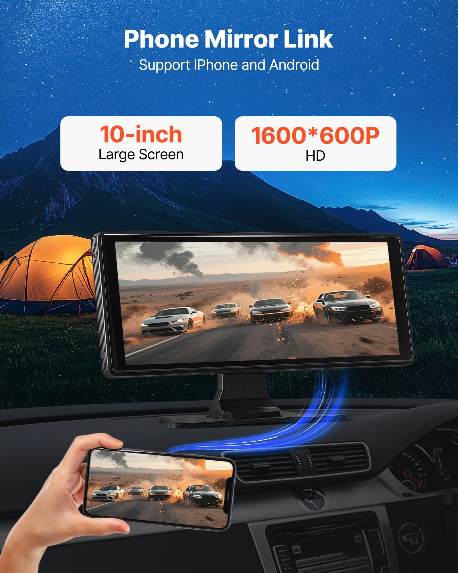 VEVOR Autoradio Wireless 254 mm, Radio Portatile con Touch Screen, Radio HD con Apple CarPlay e Android Auto, Schermo CarPlay con Telecamere, Controllo Vocale, Bluetooth, Navigazione GPS