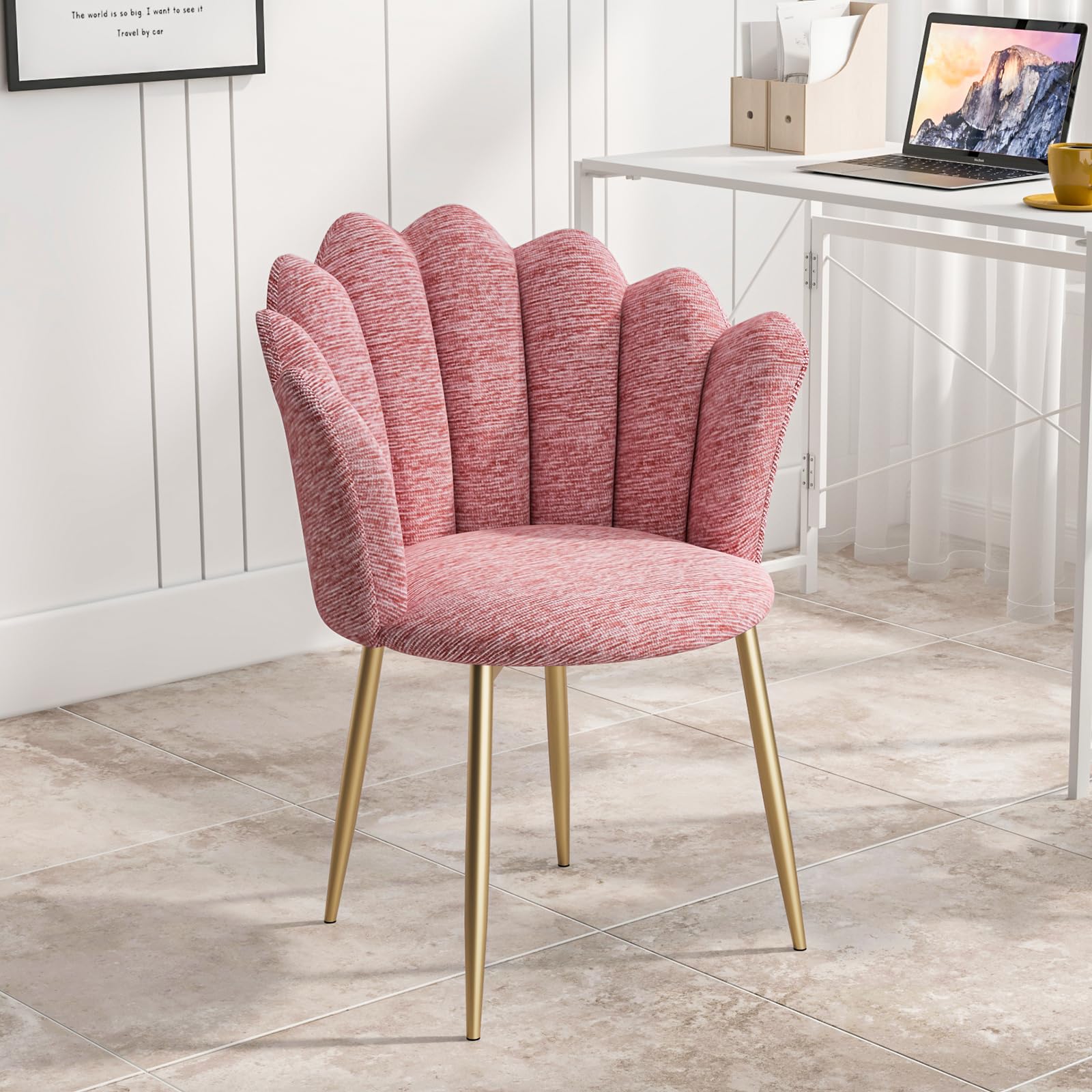 Modern Armchair Tub Chair, Chenille Vanity Dressing Table Chair with Curved High Back and Gold Plating Metal Legs for Bedroom, Living Room, Lounge Room, Dark Pink