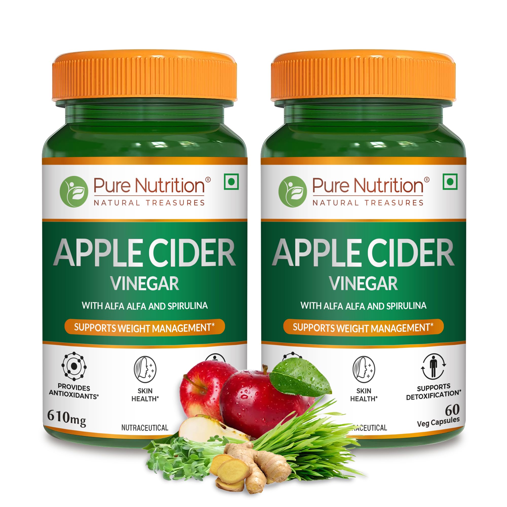 Pure Nutrition Apple Cider Vinegar with Wheat Grass & Spirulina for Enhanced Wellness | Rich in Antioxidants | Supports Weight Management, Detoxification & Immunity - 60 Veg Capsules (Pack of 2)