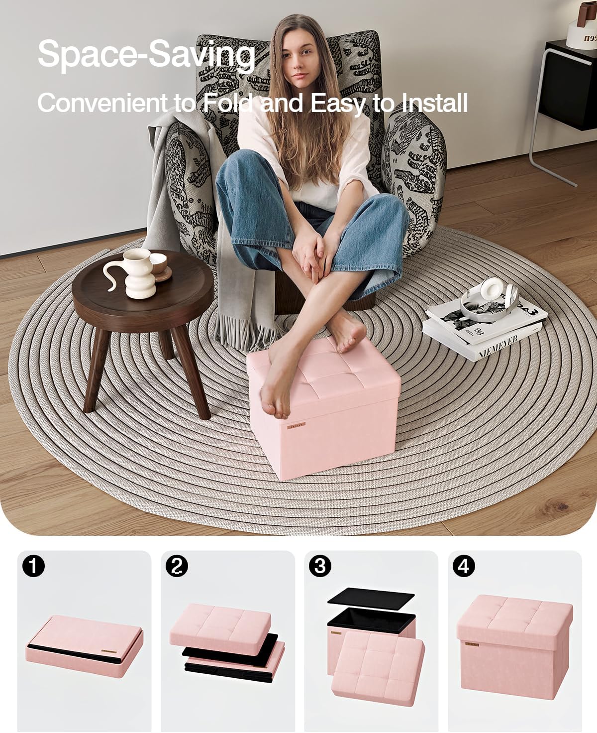 Folding Storage Ottoman, Velvet Storage Bench, Footrest, Foot Stool,for Living Room, Bedroom and Office,12.2 x 16.1 x 12.2 Inches, 200 kg Load Capacity,Jelly Pink,UASND03P - Image 6