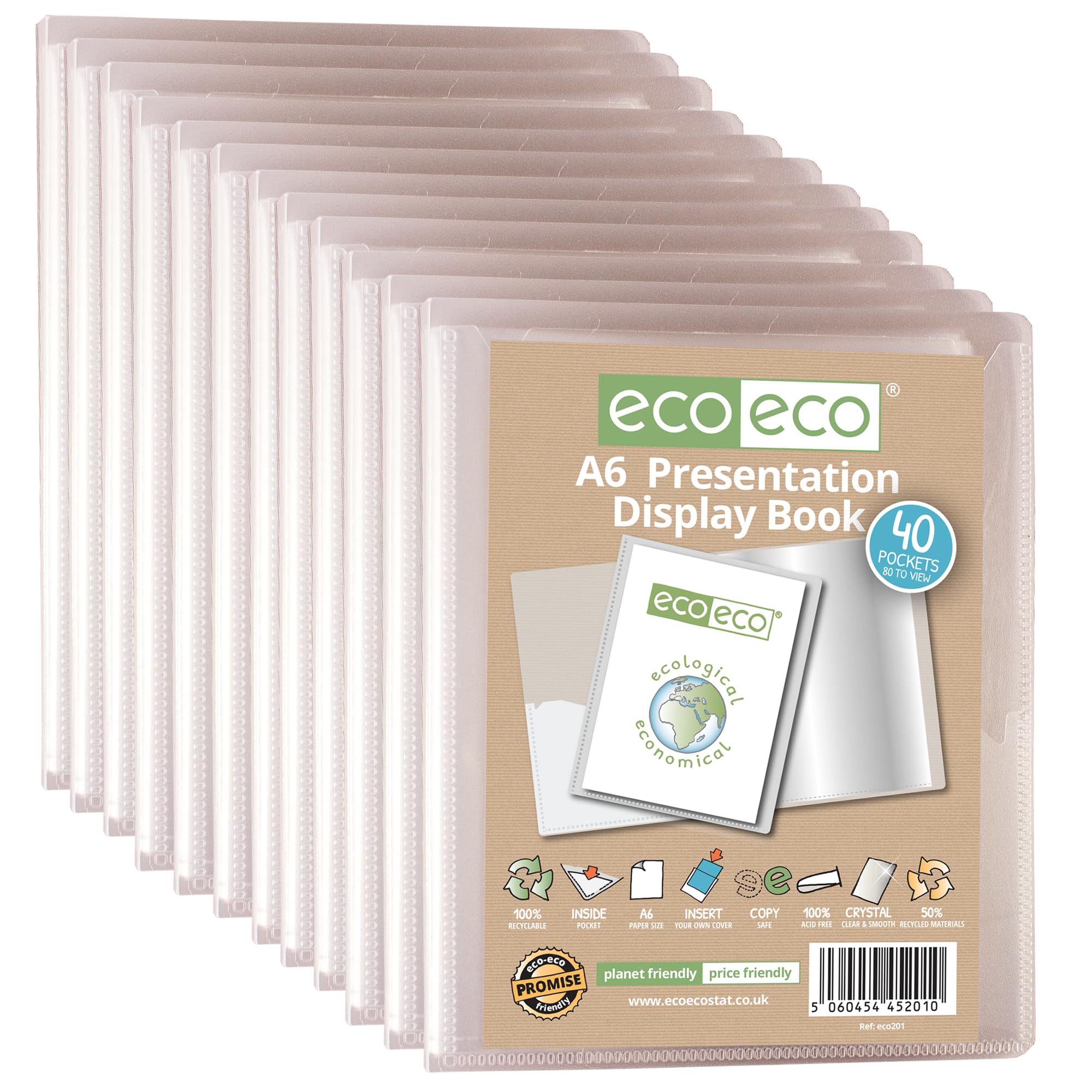 eco-eco A6 Size 50 Percent Recycled 40 Pocket Clear Presentation Display Book, Storage Case Portfolio Art Folder with Plastic Sleeves, Pack of 12 Folders, eco201x12
