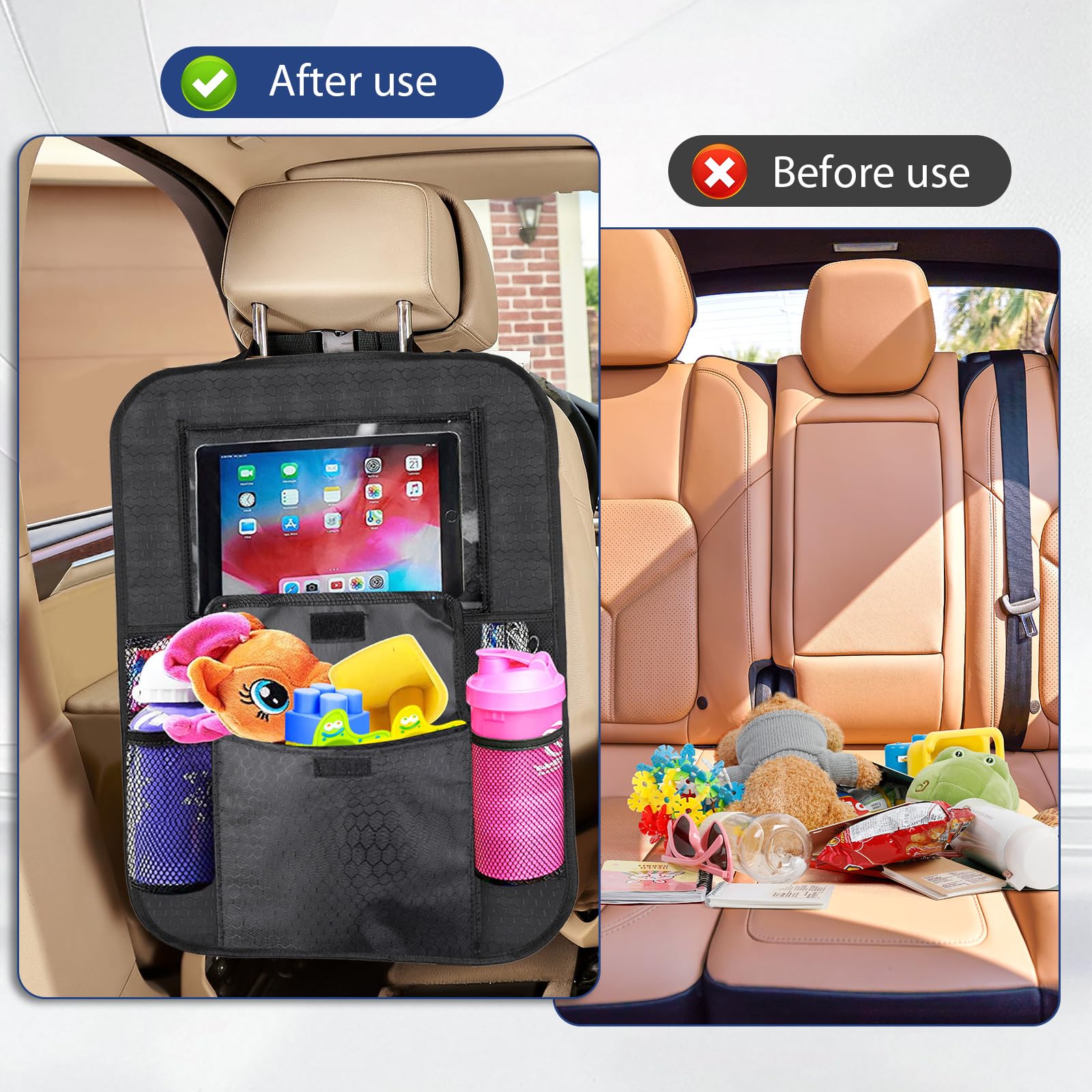 Romon Car Backrest Protector, 600D Oxford Fabric, Waterproof and Easy Care, Car Seat Organizer with 12 Inch Tablet Bag, Car Seat Protector, Backrest for Children