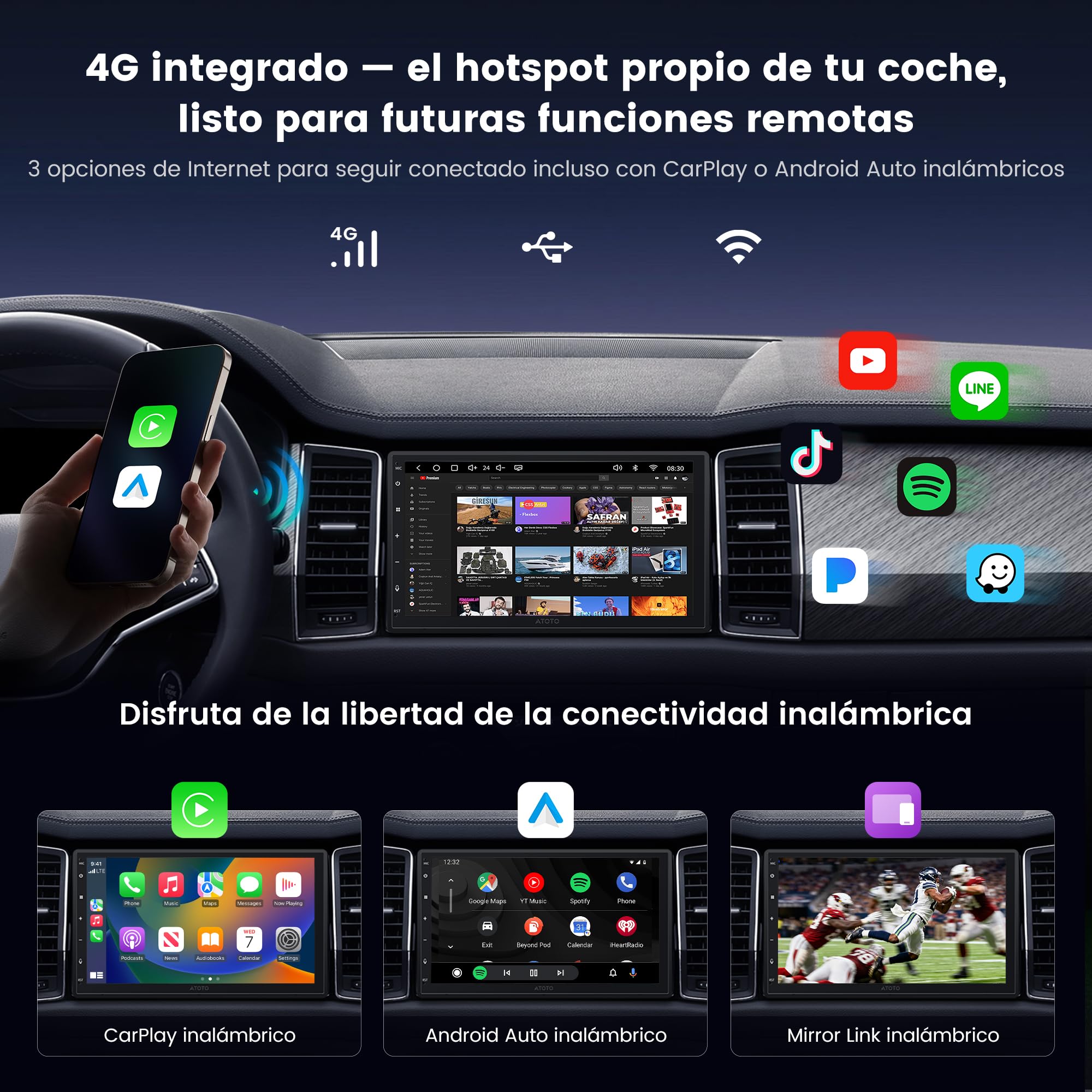 ATOTOZONE Android Radio Coche 2 DIN, 7" Pantalla Táctil 4G+64G Cargadores de Medios Digitales, CarPlay/Android Inalámbrico, WiFi/BT/USB, Hi‑Fi DSP w/4V Pre‑Outs, AI Chat&GPS Tracking, S8 Gen4