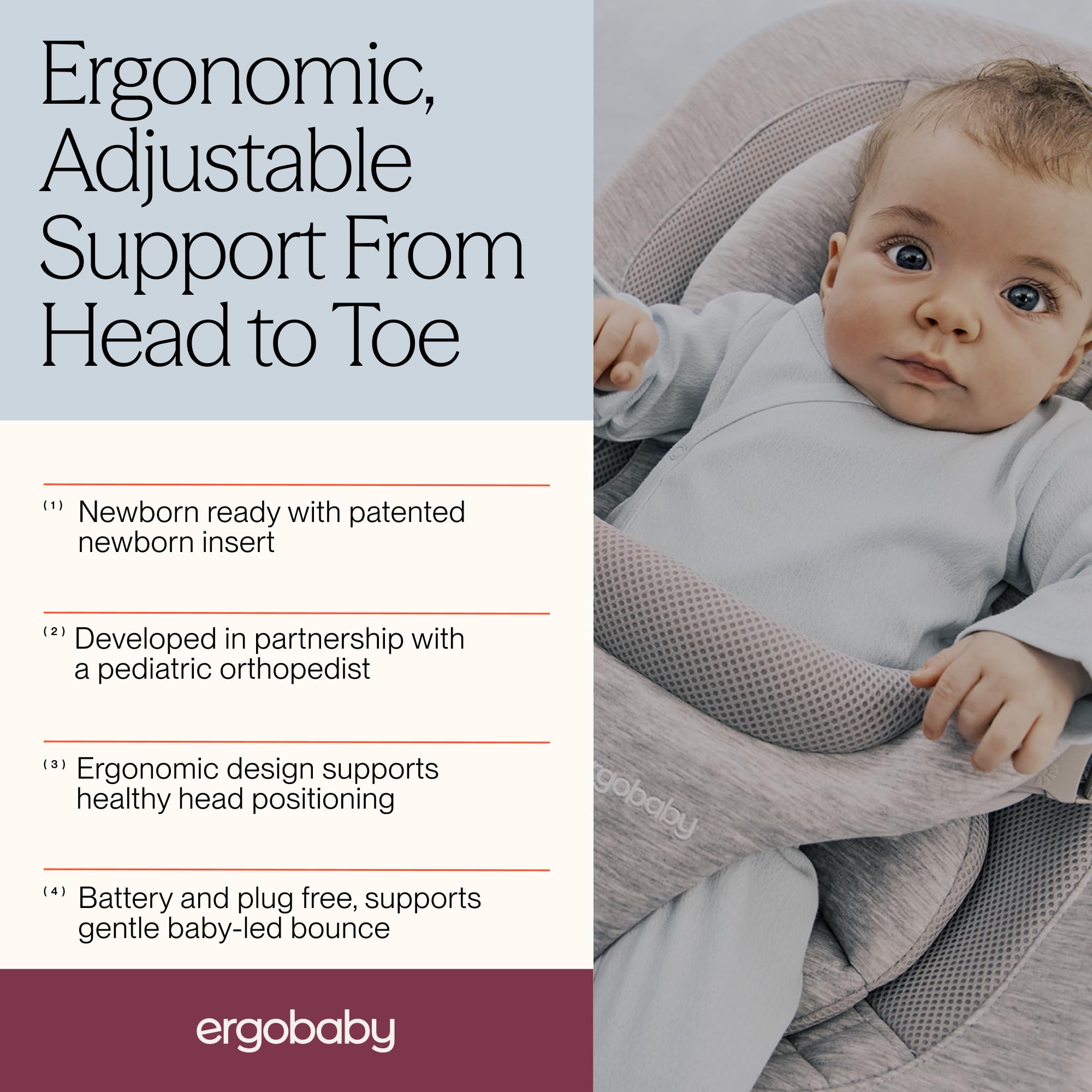 Ergobaby Evolve 3-in-1 Bouncer Seat for Babies and Toddlers 5.5-25lbs - Multi Position Baby Rocker Seat with Adjustable Heights, Secure Harness, Newborn Insert - Light Grey - 4