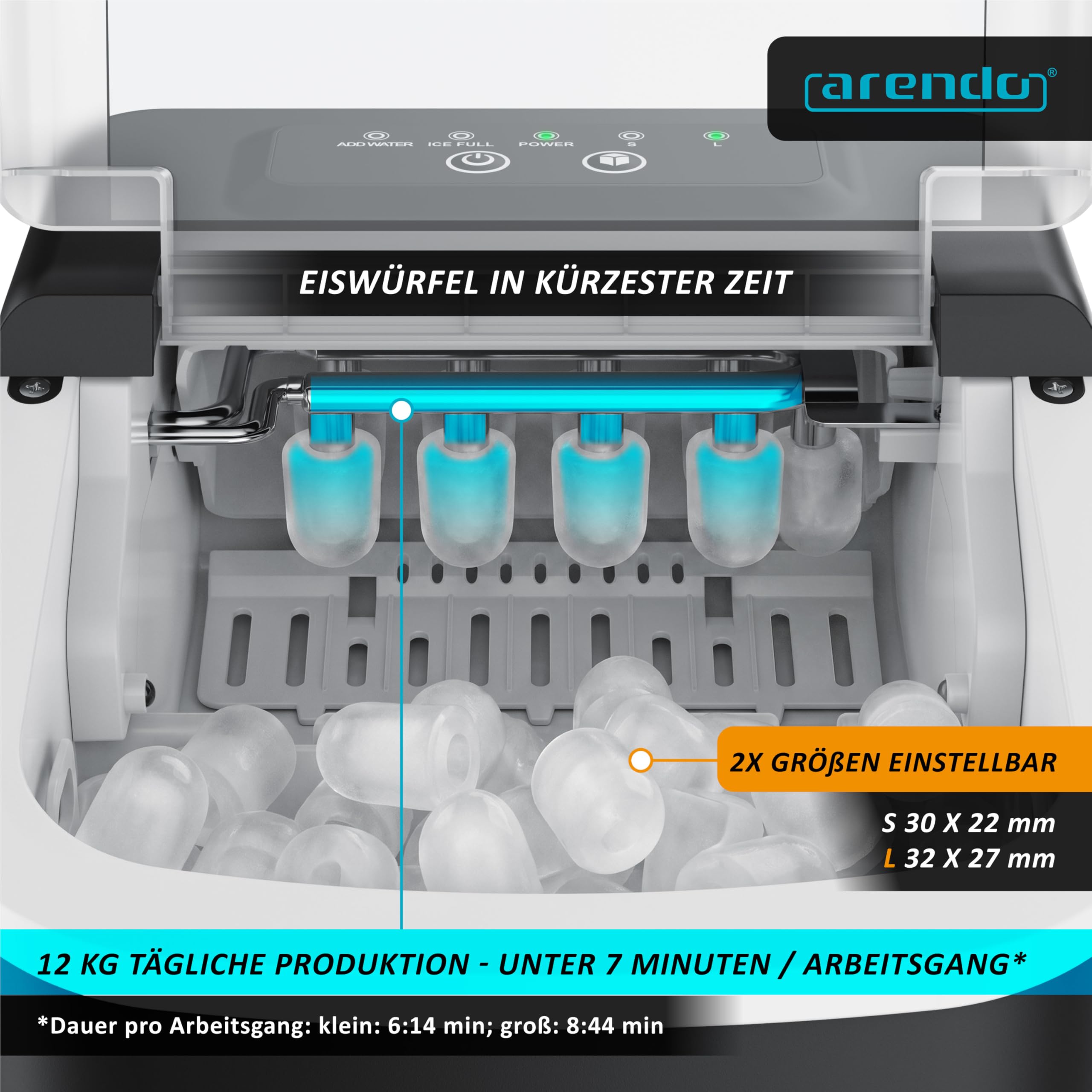 Arendo - Eiswürfelmaschine klein – max. 12 kg Eis pro Tag – 2 Größen große Würfel und kleine Würfel - großes Sichtfenster – doppelwandig – Eiswürfel Bullet – Tragegriff - Ice Maker